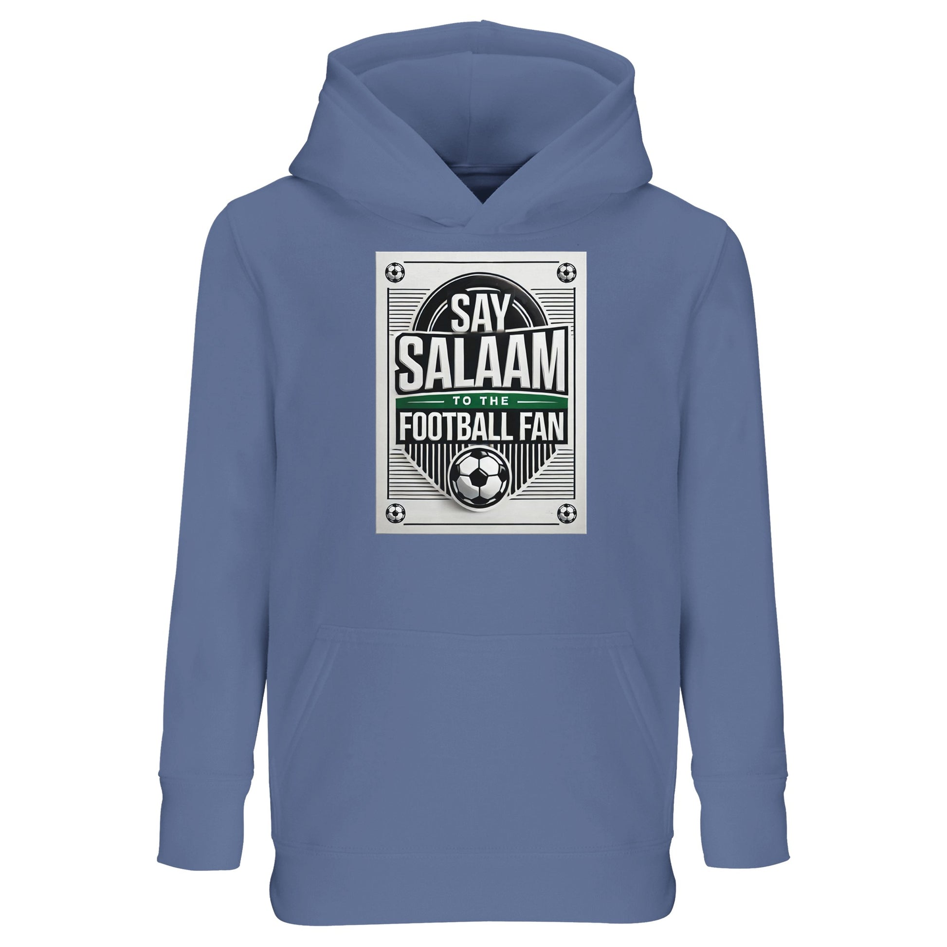 Blue / Marble Blue / Blue-Grey / Waikawa Grey Say Salaam to the Football Fan Design #3 kids hoodie featuring a calm blue tone that softens the retro football badge print and Islamic Salaam wording. The colour depth keeps the design versatile for daily wear. Constructed from a cotton and recycled polyester blend with brushed fleece lining, it provides comfort without bulk at a good, family-friendly price. Suitable for young Muslim football supporters loving understated colours with cultural meaning.
