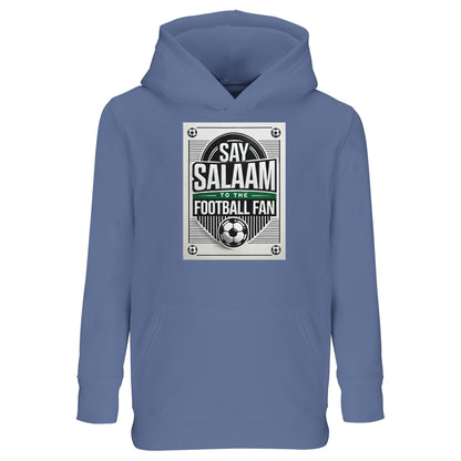Blue / Marble Blue / Blue-Grey / Waikawa Grey Say Salaam to the Football Fan Design #3 kids hoodie featuring a calm blue tone that softens the retro football badge print and Islamic Salaam wording. The colour depth keeps the design versatile for daily wear. Constructed from a cotton and recycled polyester blend with brushed fleece lining, it provides comfort without bulk at a good, family-friendly price. Suitable for young Muslim football supporters loving understated colours with cultural meaning.