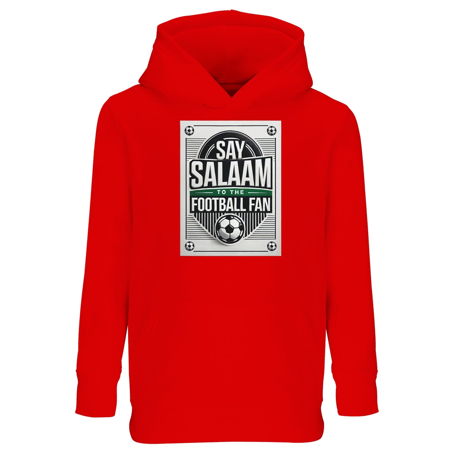 Bright Red / Rosso Corsa Say Salaam to the Football Fan Design #3 kids hoodie featuring a vivid red base that energises the retro football badge and Salaam lettering. The strong colour amplifies the matchday feel of the design while keeping the Islamic message clear. Made from a cotton and recycled polyester blend with brushed fleece lining, it delivers warmth and durability at a competitive price. Perfect for young Muslim football fans who like expressive colours and bold graphics.