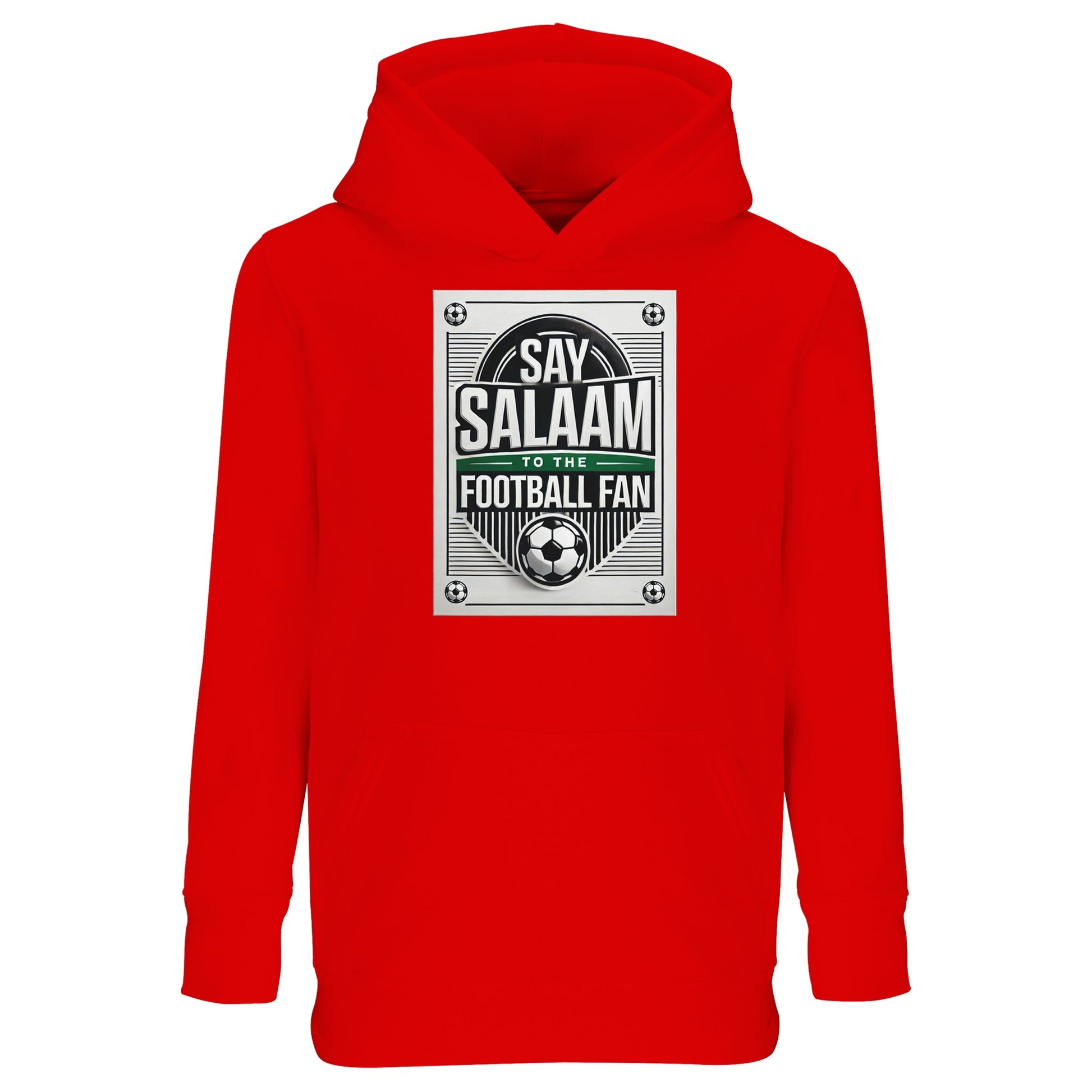 Bright Red / Rosso Corsa Say Salaam to the Football Fan Design #3 kids hoodie featuring a vivid red base that energises the retro football badge and Salaam lettering. The strong colour amplifies the matchday feel of the design while keeping the Islamic message clear. Made from a cotton and recycled polyester blend with brushed fleece lining, it delivers warmth and durability at a competitive price. Perfect for young Muslim football fans who like expressive colours and bold graphics.