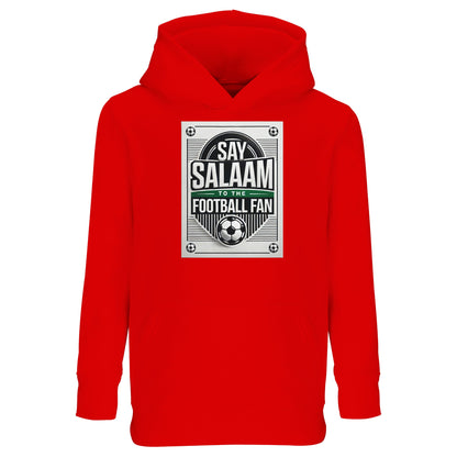 Bright Red / Rosso Corsa Say Salaam to the Football Fan Design #3 kids hoodie featuring a vivid red base that energises the retro football badge and Salaam lettering. The strong colour amplifies the matchday feel of the design while keeping the Islamic message clear. Made from a cotton and recycled polyester blend with brushed fleece lining, it delivers warmth and durability at a competitive price. Perfect for young Muslim football fans who like expressive colours and bold graphics.