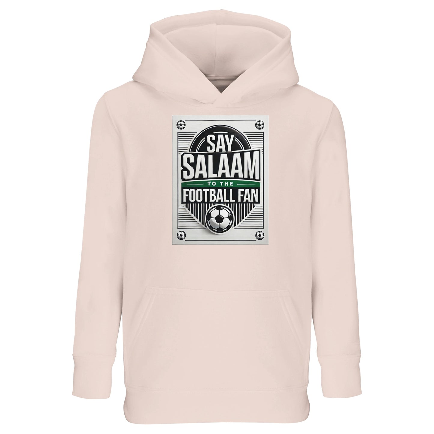 Creamy Pink / Oyster Pink Say Salaam to the Football Fan Design #3 kids hoodie blending a soft pastel shade with a bold football badge print and Islamic greeting text. The contrast between gentle colour and strong graphic creates a playful but confident look. Crafted from a cotton and recycled polyester blend with brushed fleece lining, this hoodie offers comfort, warmth, and good value pricing. Designed for young footie fans who enjoy lighter colours while connecting sport with Muslim and Islamic identity.