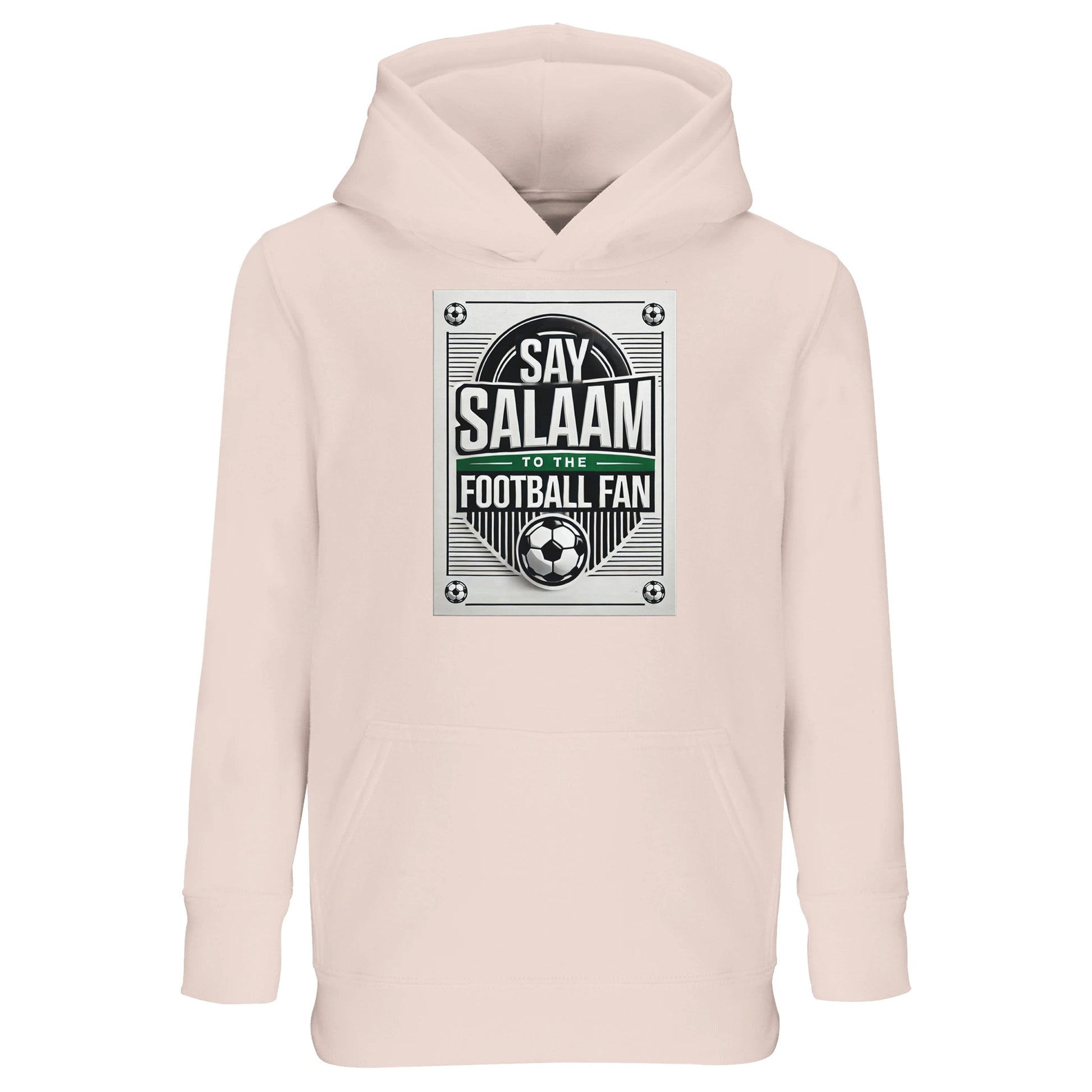Creamy Pink / Oyster Pink Say Salaam to the Football Fan Design #3 kids hoodie blending a soft pastel shade with a bold football badge print and Islamic greeting text. The contrast between gentle colour and strong graphic creates a playful but confident look. Crafted from a cotton and recycled polyester blend with brushed fleece lining, this hoodie offers comfort, warmth, and good value pricing. Designed for young footie fans who enjoy lighter colours while connecting sport with Muslim and Islamic identity.