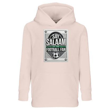 Creamy Pink / Oyster Pink Say Salaam to the Football Fan Design #3 kids hoodie blending a soft pastel shade with a bold football badge print and Islamic greeting text. The contrast between gentle colour and strong graphic creates a playful but confident look. Crafted from a cotton and recycled polyester blend with brushed fleece lining, this hoodie offers comfort, warmth, and good value pricing. Designed for young footie fans who enjoy lighter colours while connecting sport with Muslim and Islamic identity.