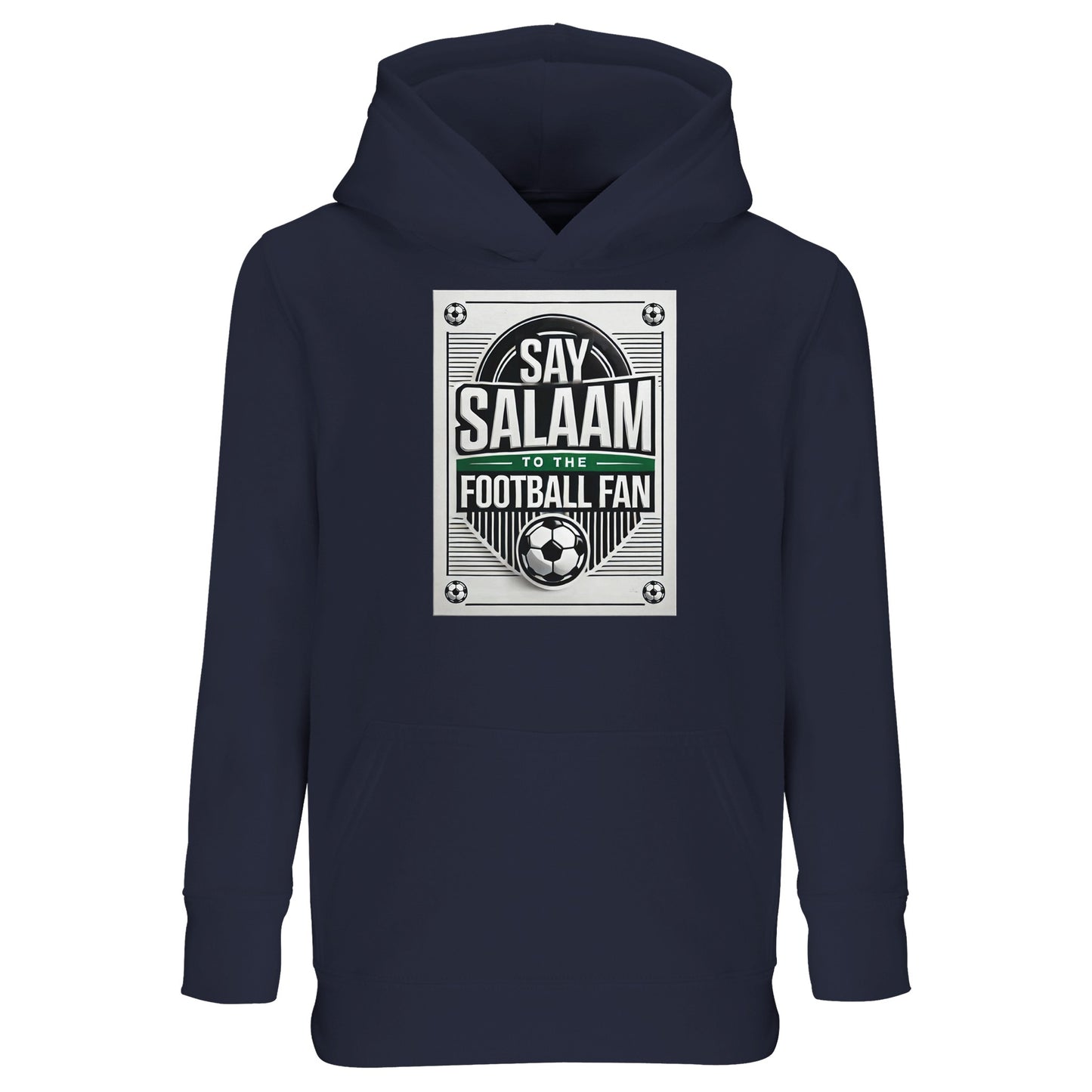 French Navy / Ebony Clay Say Salaam to the Football Fan Design #3 kids hoodie using a deep navy tone that grounds the classic football badge graphic and Salaam text. The darker shade gives the print a timeless, heritage-inspired look. Constructed from a cotton and recycled polyester blend with brushed fleece interior, the childrens’ sweatshirt with a hood offers lasting comfort and everyday wearability at a sensible price point. Well suited to young football supporters from Muslim and Islamic culture.
