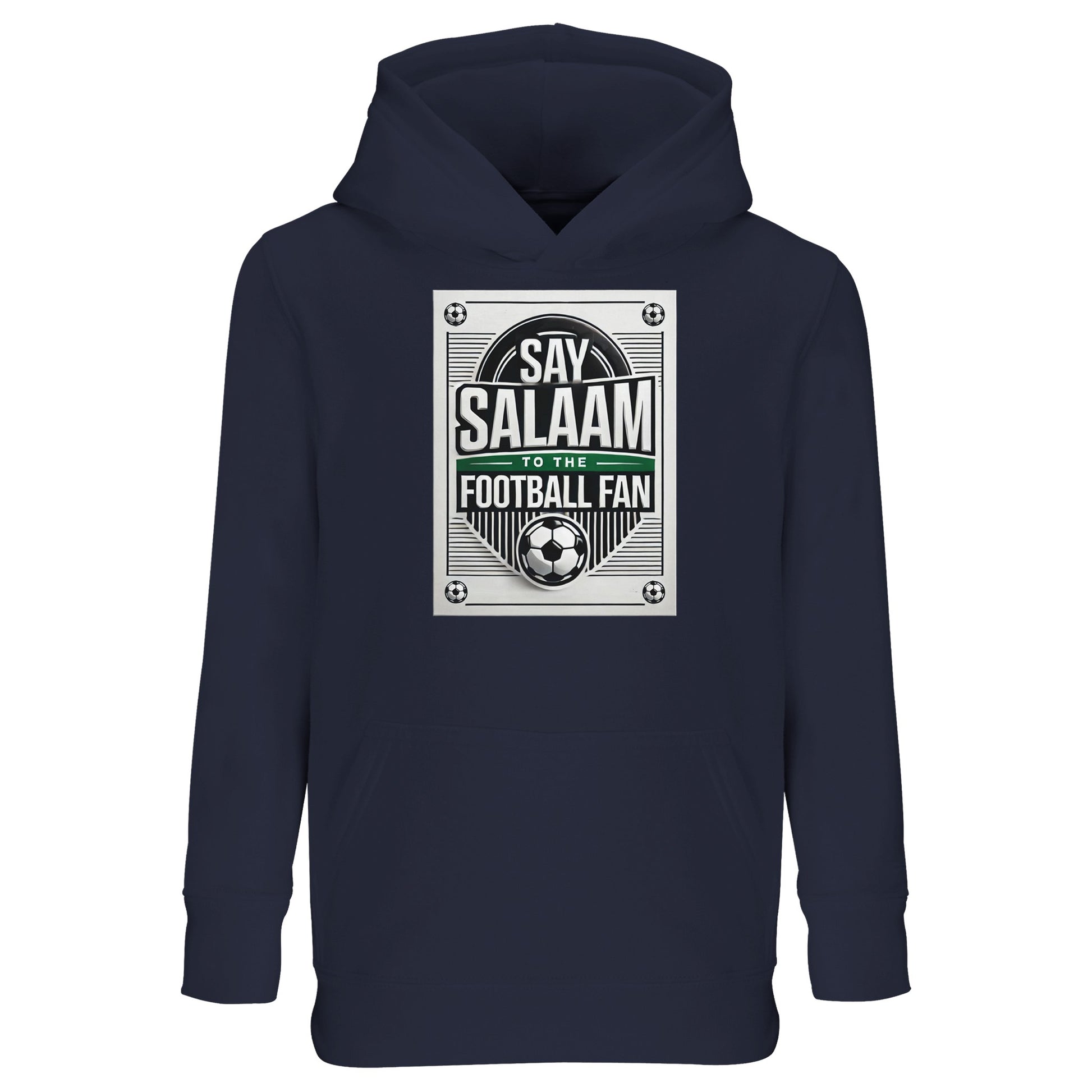 French Navy / Ebony Clay Say Salaam to the Football Fan Design #3 kids hoodie using a deep navy tone that grounds the classic football badge graphic and Salaam text. The darker shade gives the print a timeless, heritage-inspired look. Constructed from a cotton and recycled polyester blend with brushed fleece interior, the childrens’ sweatshirt with a hood offers lasting comfort and everyday wearability at a sensible price point. Well suited to young football supporters from Muslim and Islamic culture.