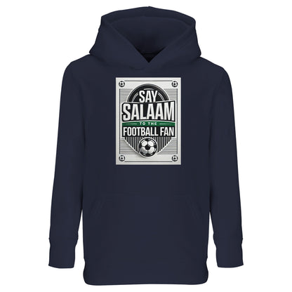 French Navy / Ebony Clay Say Salaam to the Football Fan Design #3 kids hoodie using a deep navy tone that grounds the classic football badge graphic and Salaam text. The darker shade gives the print a timeless, heritage-inspired look. Constructed from a cotton and recycled polyester blend with brushed fleece interior, the childrens’ sweatshirt with a hood offers lasting comfort and everyday wearability at a sensible price point. Well suited to young football supporters from Muslim and Islamic culture.