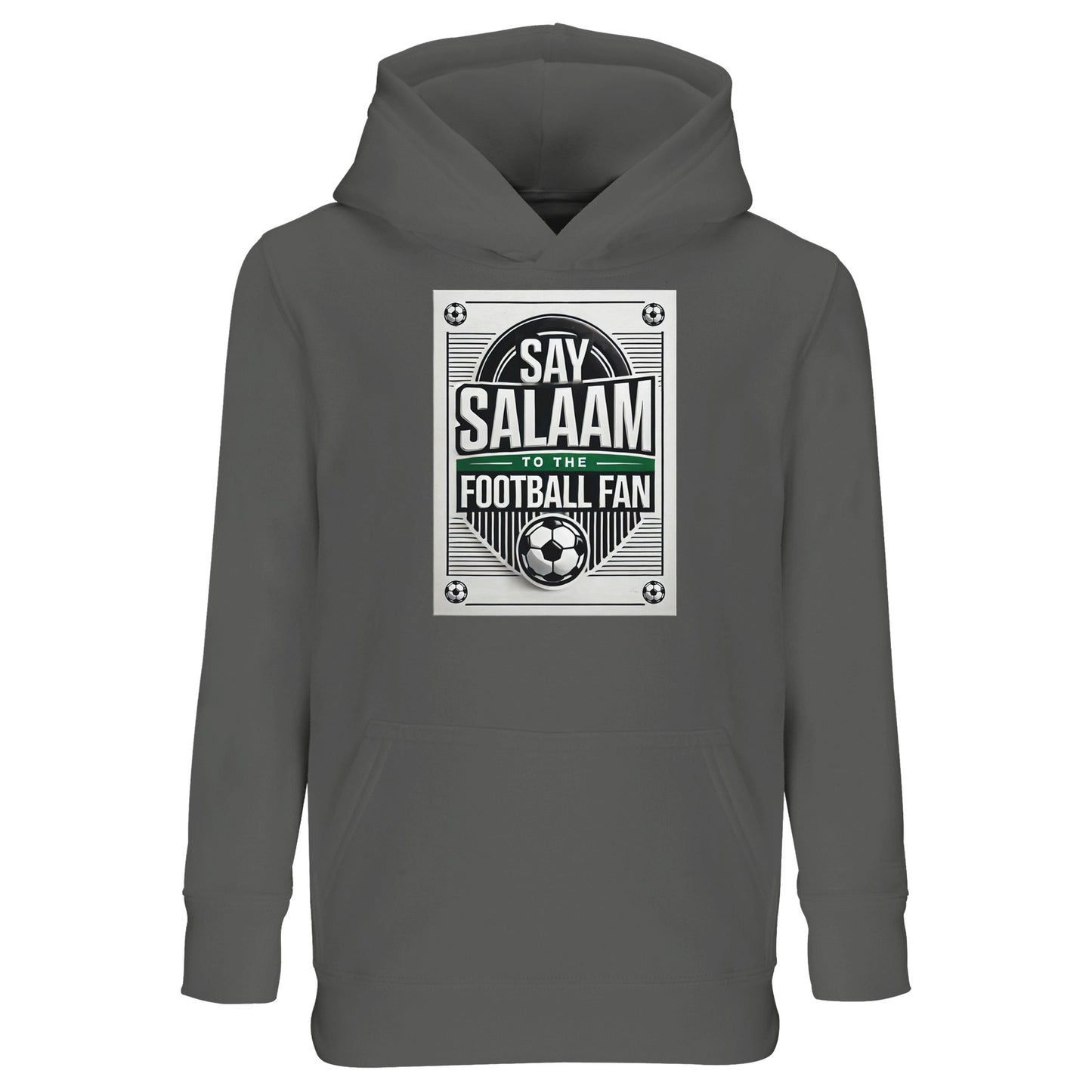 Grey Melange / Heather Grey / Marl Grey / Classic Athletic Grey Blend Say Salaam to the Football Fan Design #3 kids hoodie combining a neutral grey base with a bold vintage football badge and Salaam text. The softer tone balances the graphic while keeping the design visible and versatile. Produced from a cotton and recycled polyester blend with brushed fleece lining, it delivers comfort & well-priced durability. Ideal for Muslim families looking for understated, Islamic-inspired football clothing for kids.