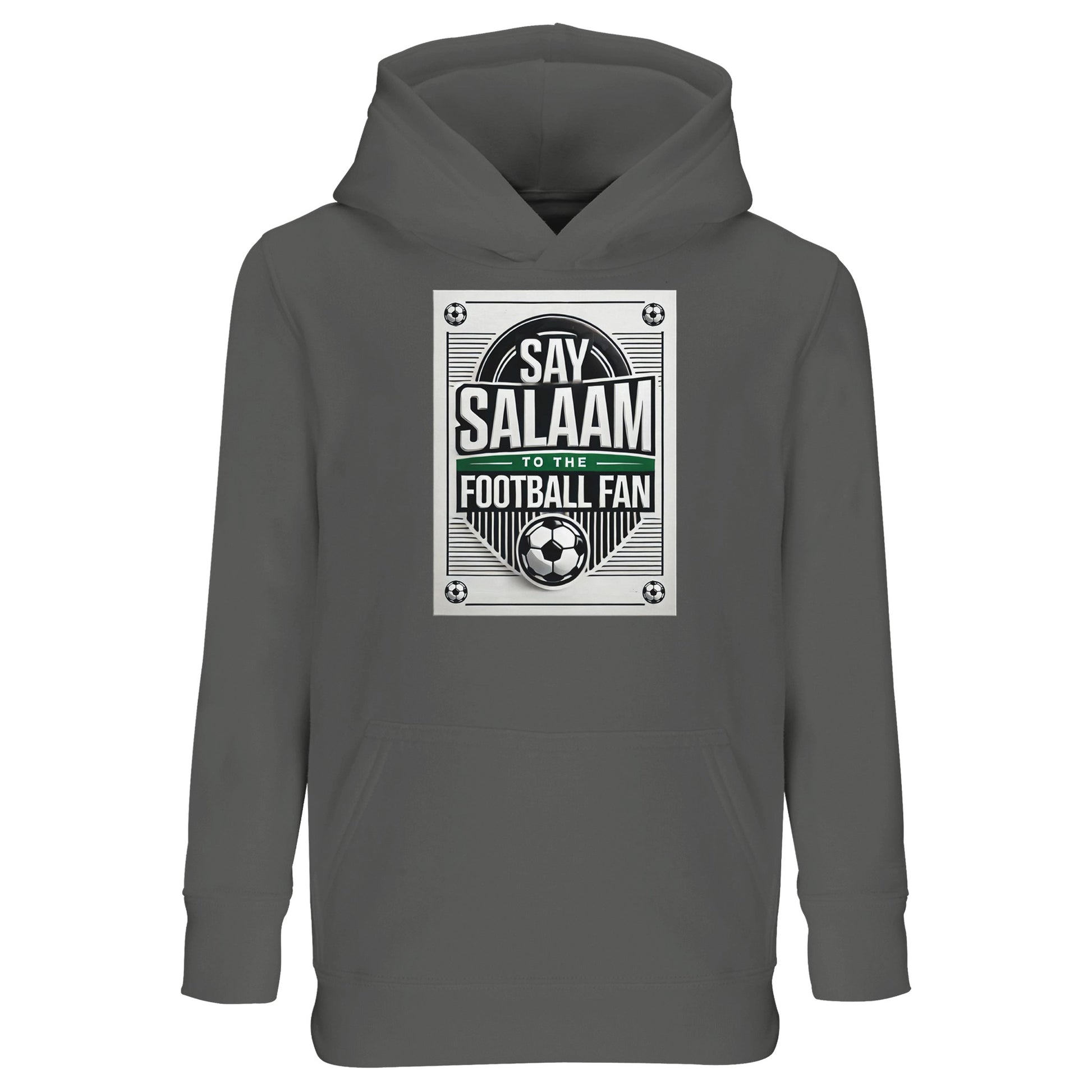 Grey Melange / Heather Grey / Marl Grey / Classic Athletic Grey Blend Say Salaam to the Football Fan Design #3 kids hoodie combining a neutral grey base with a bold vintage football badge and Salaam text. The softer tone balances the graphic while keeping the design visible and versatile. Produced from a cotton and recycled polyester blend with brushed fleece lining, it delivers comfort & well-priced durability. Ideal for Muslim families looking for understated, Islamic-inspired football clothing for kids.