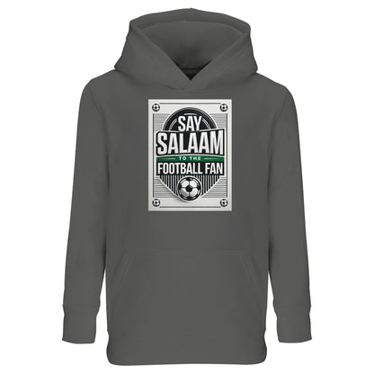 Grey Melange / Heather Grey / Marl Grey / Classic Athletic Grey Blend Say Salaam to the Football Fan Design #3 kids hoodie combining a neutral grey base with a bold vintage football badge and Salaam text. The softer tone balances the graphic while keeping the design visible and versatile. Produced from a cotton and recycled polyester blend with brushed fleece lining, it delivers comfort & well-priced durability. Ideal for Muslim families looking for understated, Islamic-inspired football clothing for kids.