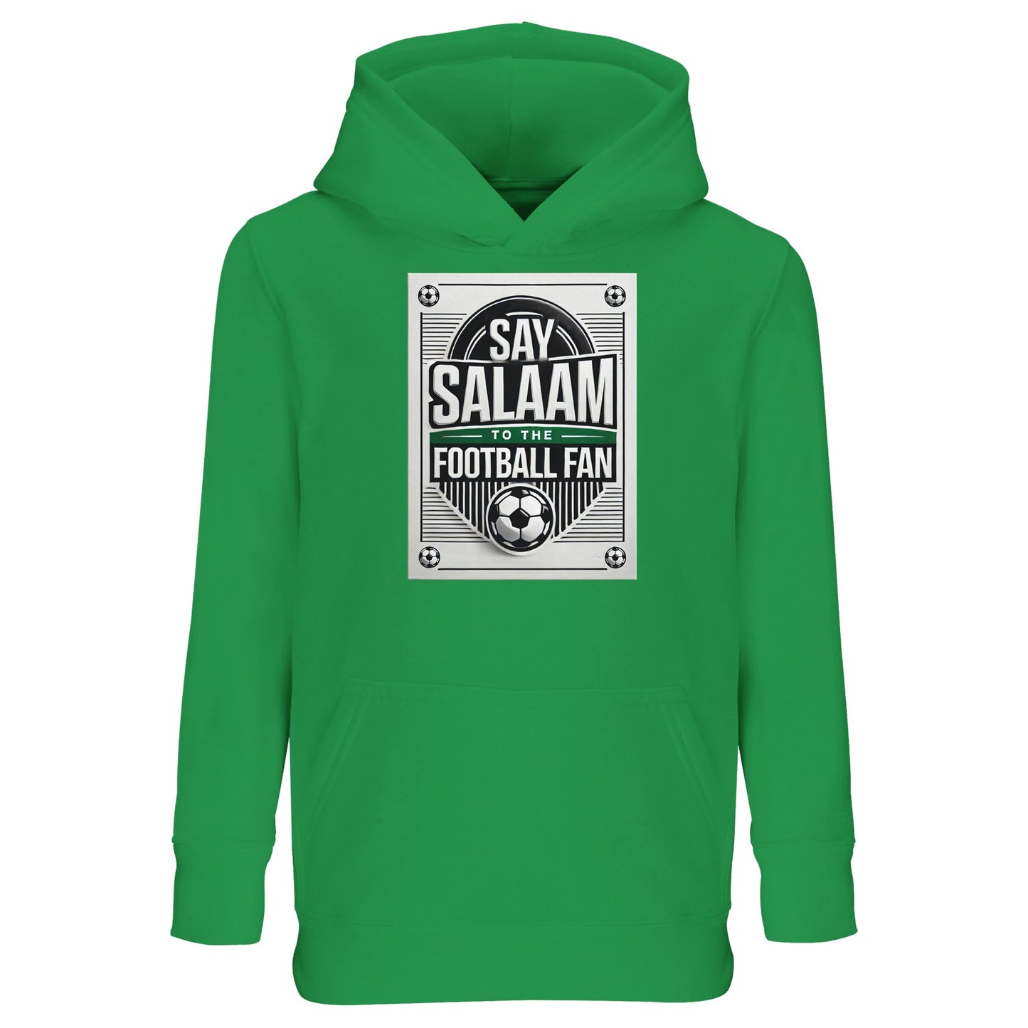 Spring Green / Sea Green / Eucalyptus Say Salaam to the Football Fan Design #3 kids hoodie featuring a fresh green base that frames the bold retro badge-style football print and Salaam lettering clearly. The square graphic combines classic football imagery with an Islamic greeting, creating a confident yet friendly look. Made from a cotton and recycled polyester blend with brushed fleece lining, this offers warmth, durability, & everyday comfort. A well-priced option for young footie fans from Muslim homes.