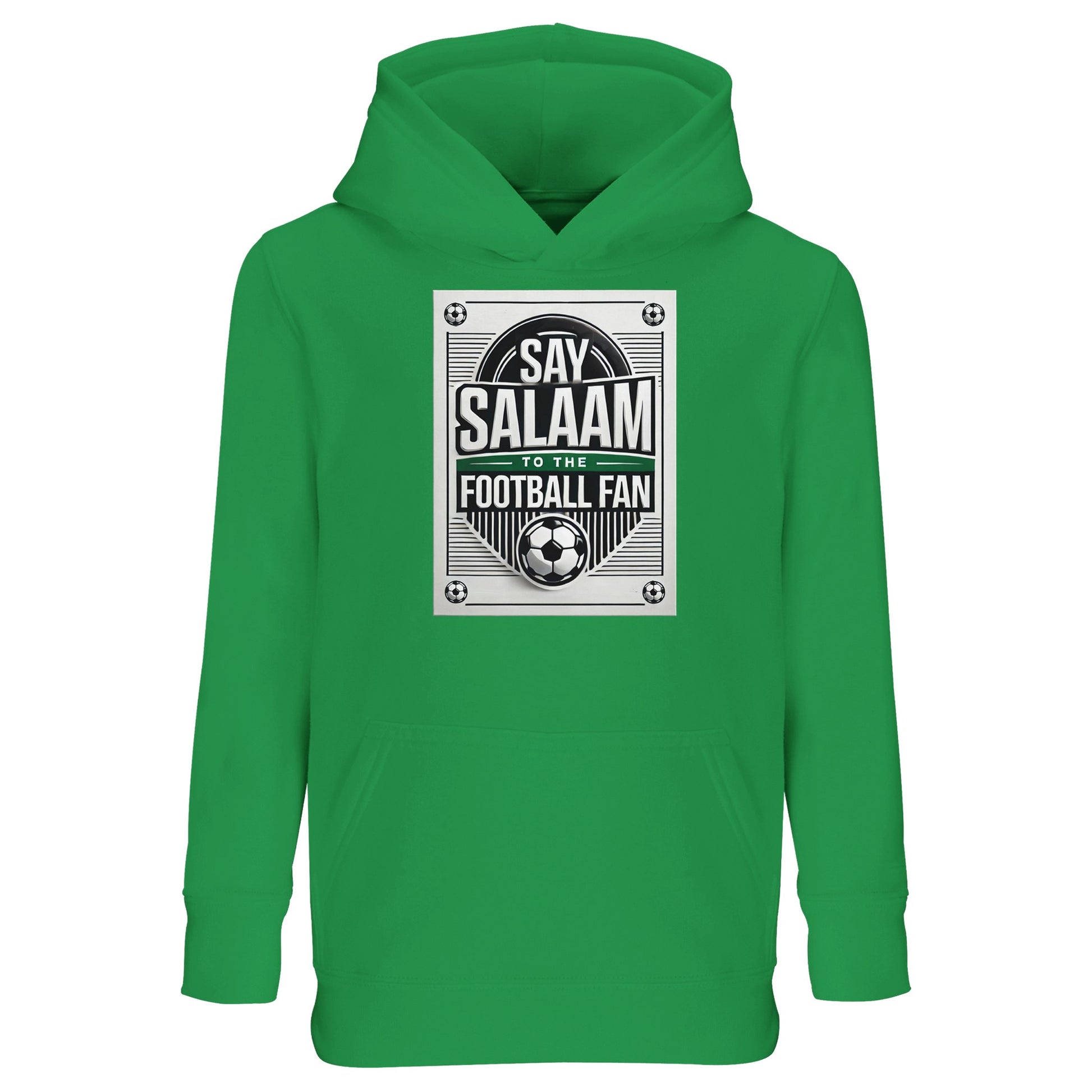 Spring Green / Sea Green / Eucalyptus Say Salaam to the Football Fan Design #3 kids hoodie featuring a fresh green base that frames the bold retro badge-style football print and Salaam lettering clearly. The square graphic combines classic football imagery with an Islamic greeting, creating a confident yet friendly look. Made from a cotton and recycled polyester blend with brushed fleece lining, this offers warmth, durability, & everyday comfort. A well-priced option for young footie fans from Muslim homes.