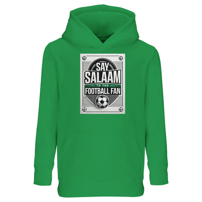 Spring Green / Sea Green / Eucalyptus Say Salaam to the Football Fan Design #3 kids hoodie featuring a fresh green base that frames the bold retro badge-style football print and Salaam lettering clearly. The square graphic combines classic football imagery with an Islamic greeting, creating a confident yet friendly look. Made from a cotton and recycled polyester blend with brushed fleece lining, this offers warmth, durability, & everyday comfort. A well-priced option for young footie fans from Muslim homes.
