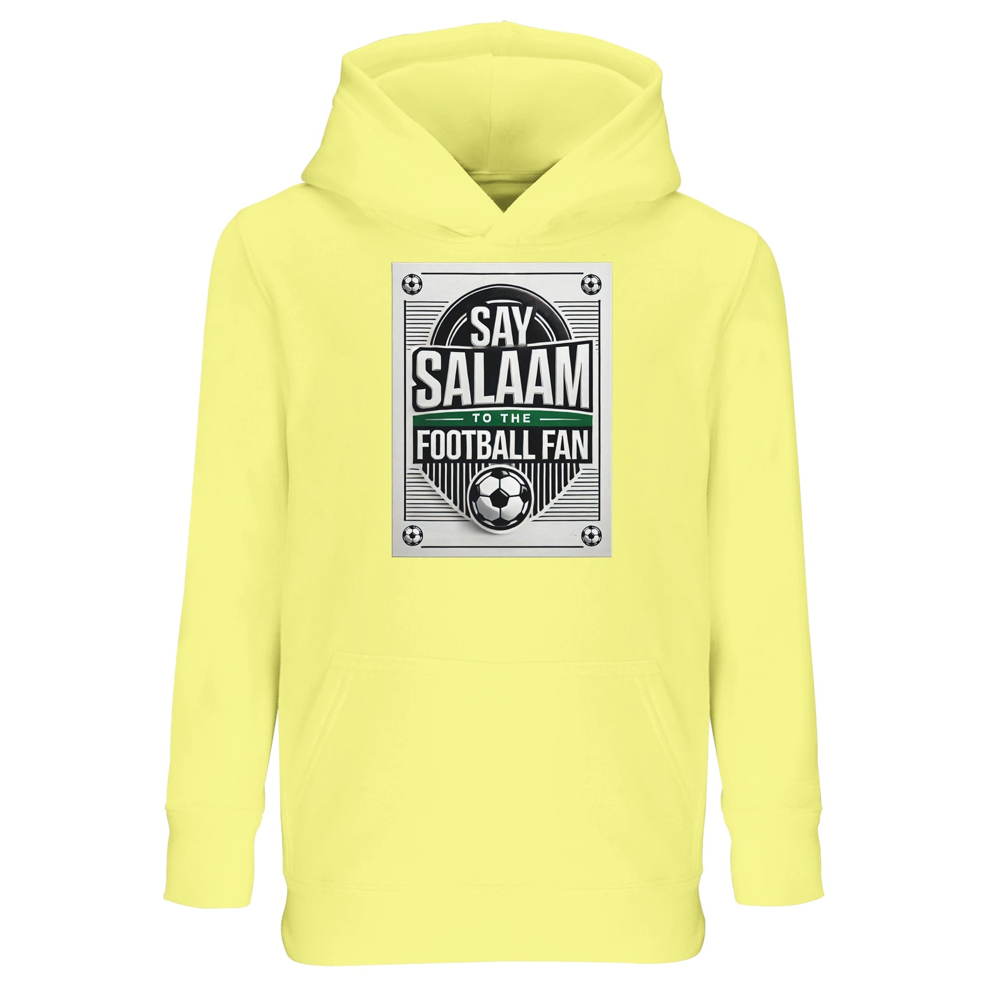 Light Yellow / Lemon Chiffon Say Salaam to the Football Fan Design #3 kids hoodie presenting a soft, cheerful tone that lifts the monochrome football badge graphic and Salaam message. The lighter colour gives the printed design a playful, standout quality while remaining easy to wear. Crafted from a cotton & recycled polyester blend with brushed fleece interior, it balances comfort and warmth at a good price. Ideal for young Muslim football supporters who like bright, friendly colours with Islamic meaning.