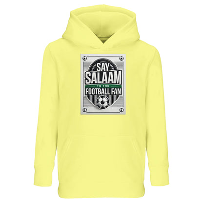 Light Yellow / Lemon Chiffon Say Salaam to the Football Fan Design #3 kids hoodie presenting a soft, cheerful tone that lifts the monochrome football badge graphic and Salaam message. The lighter colour gives the printed design a playful, standout quality while remaining easy to wear. Crafted from a cotton & recycled polyester blend with brushed fleece interior, it balances comfort and warmth at a good price. Ideal for young Muslim football supporters who like bright, friendly colours with Islamic meaning.
