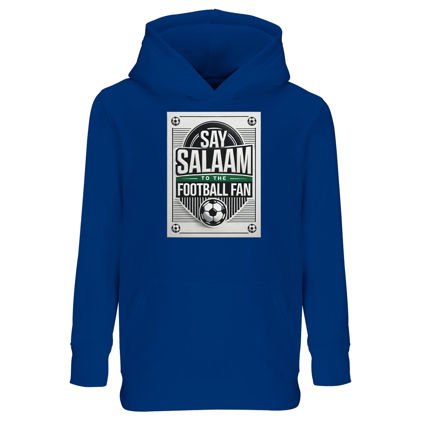 Royal Blue / Dark Midnight Blue Say Salaam to the Football Fan Design #3 kids hoodie showcasing a deep blue shade that adds contrast to the vintage football emblem and Salaam text. The structured graphic feels timeless and bold, inspired by classic matchday posters. Made using a cotton and recycled polyester blend with brushed fleece lining, this hoodie delivers reliable warmth and durability while remaining affordable. Designed for young football fans shaped by Muslim identity and everyday Islamic values.