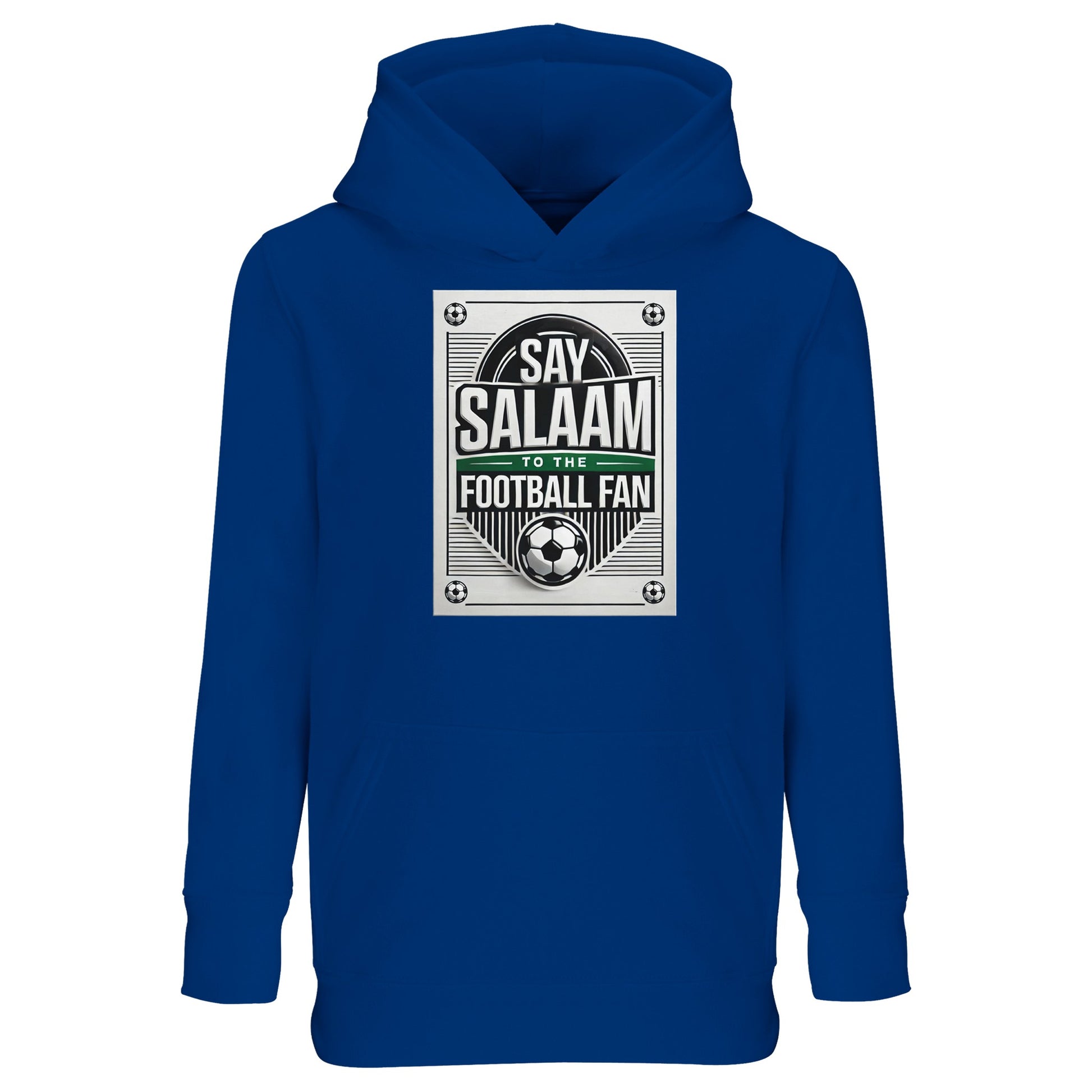Royal Blue / Dark Midnight Blue Say Salaam to the Football Fan Design #3 kids hoodie showcasing a deep blue shade that adds contrast to the vintage football emblem and Salaam text. The structured graphic feels timeless and bold, inspired by classic matchday posters. Made using a cotton and recycled polyester blend with brushed fleece lining, this hoodie delivers reliable warmth and durability while remaining affordable. Designed for young football fans shaped by Muslim identity and everyday Islamic values.