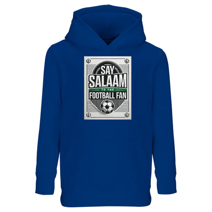 Royal Blue / Dark Midnight Blue Say Salaam to the Football Fan Design #3 kids hoodie showcasing a deep blue shade that adds contrast to the vintage football emblem and Salaam text. The structured graphic feels timeless and bold, inspired by classic matchday posters. Made using a cotton and recycled polyester blend with brushed fleece lining, this hoodie delivers reliable warmth and durability while remaining affordable. Designed for young football fans shaped by Muslim identity and everyday Islamic values.