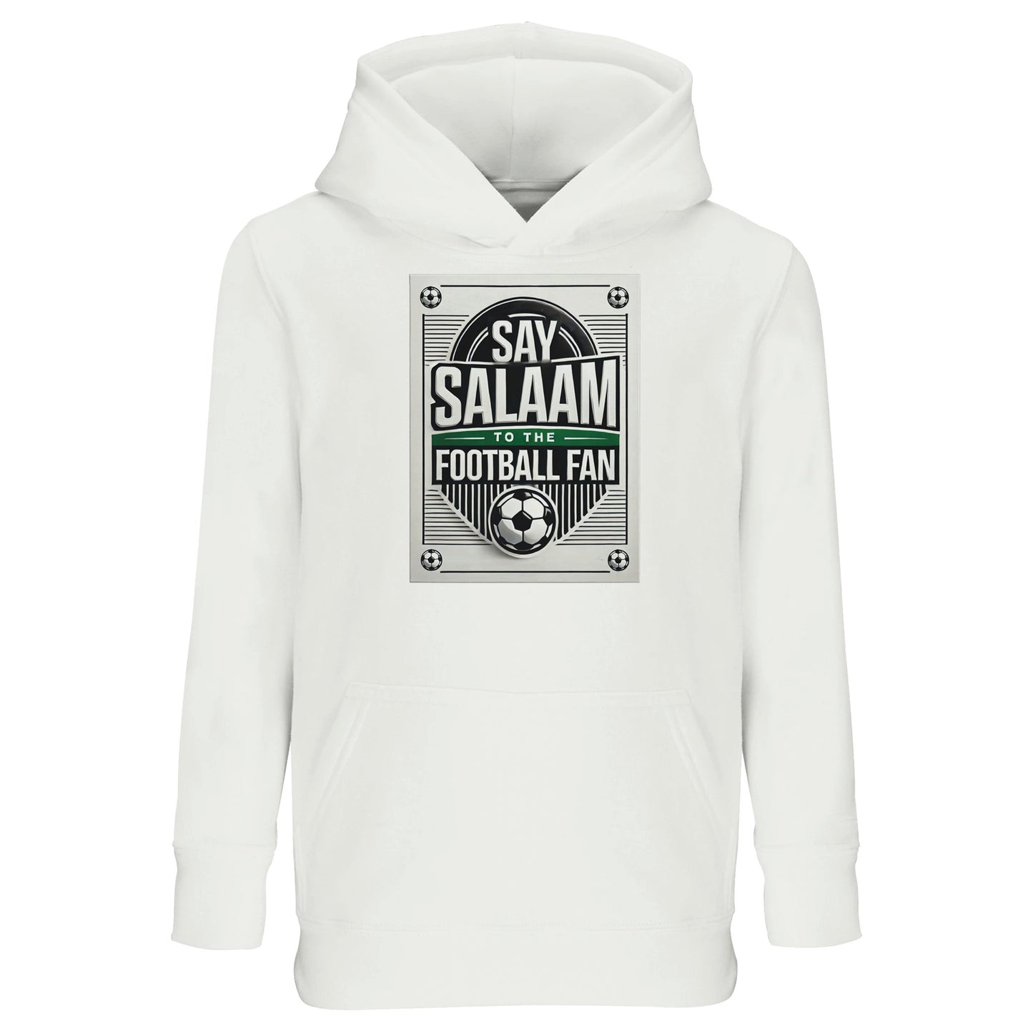 White / Platinum Say Salaam to the Football Fan Design #3 kids hoodie offering a clean background that fully showcases the retro football graphic, circular badge layout, and Islamic Salaam message. The light base gives the design clarity and visual balance. Made from a cotton and recycled polyester blend with brushed fleece interior, it provides warmth while staying breathable and affordable. A strong everyday option for young Muslim football supporters who like simple, bright clothing with meaning.