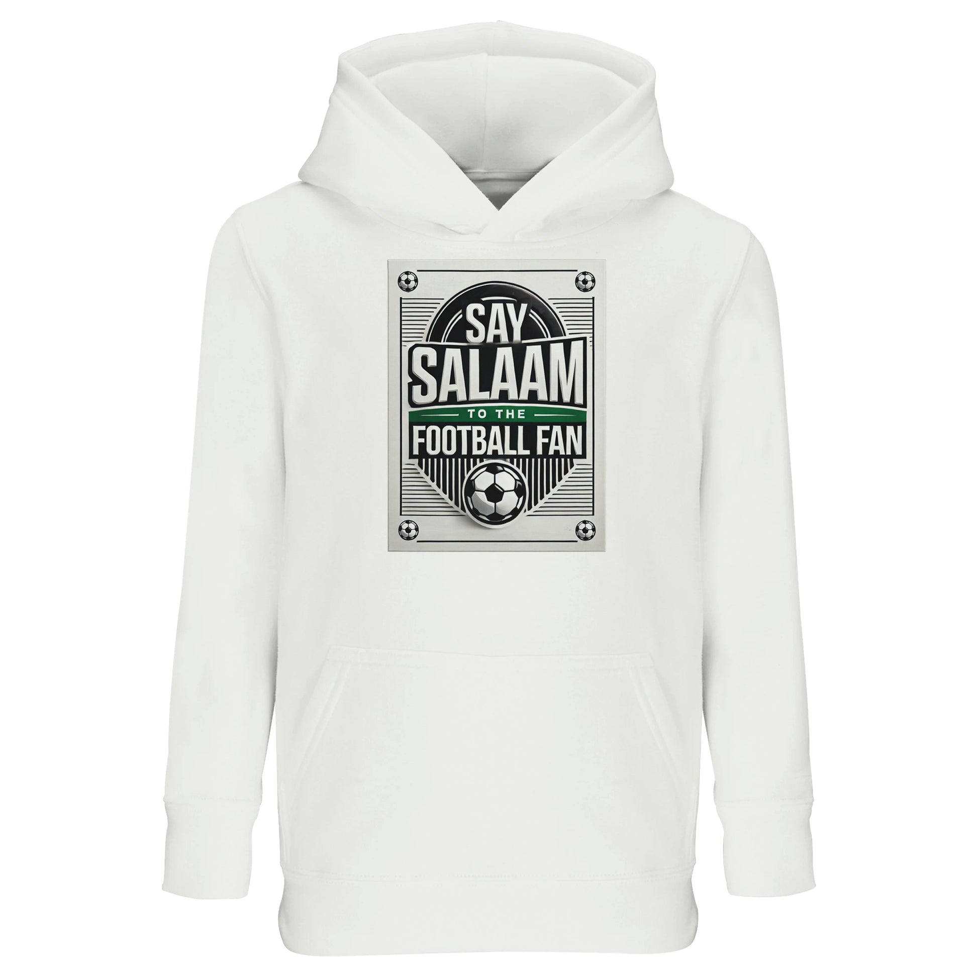 White / Platinum Say Salaam to the Football Fan Design #3 kids hoodie offering a clean background that fully showcases the retro football graphic, circular badge layout, and Islamic Salaam message. The light base gives the design clarity and visual balance. Made from a cotton and recycled polyester blend with brushed fleece interior, it provides warmth while staying breathable and affordable. A strong everyday option for young Muslim football supporters who like simple, bright clothing with meaning.