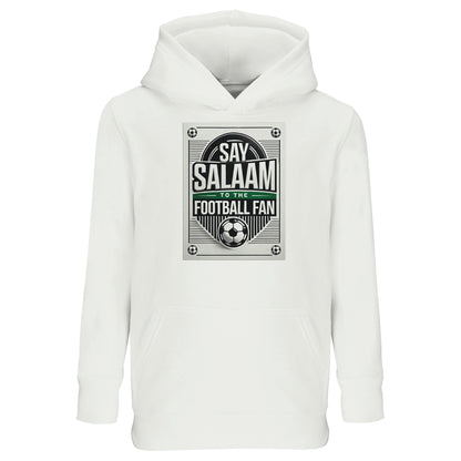 White / Platinum Say Salaam to the Football Fan Design #3 kids hoodie offering a clean background that fully showcases the retro football graphic, circular badge layout, and Islamic Salaam message. The light base gives the design clarity and visual balance. Made from a cotton and recycled polyester blend with brushed fleece interior, it provides warmth while staying breathable and affordable. A strong everyday option for young Muslim football supporters who like simple, bright clothing with meaning.