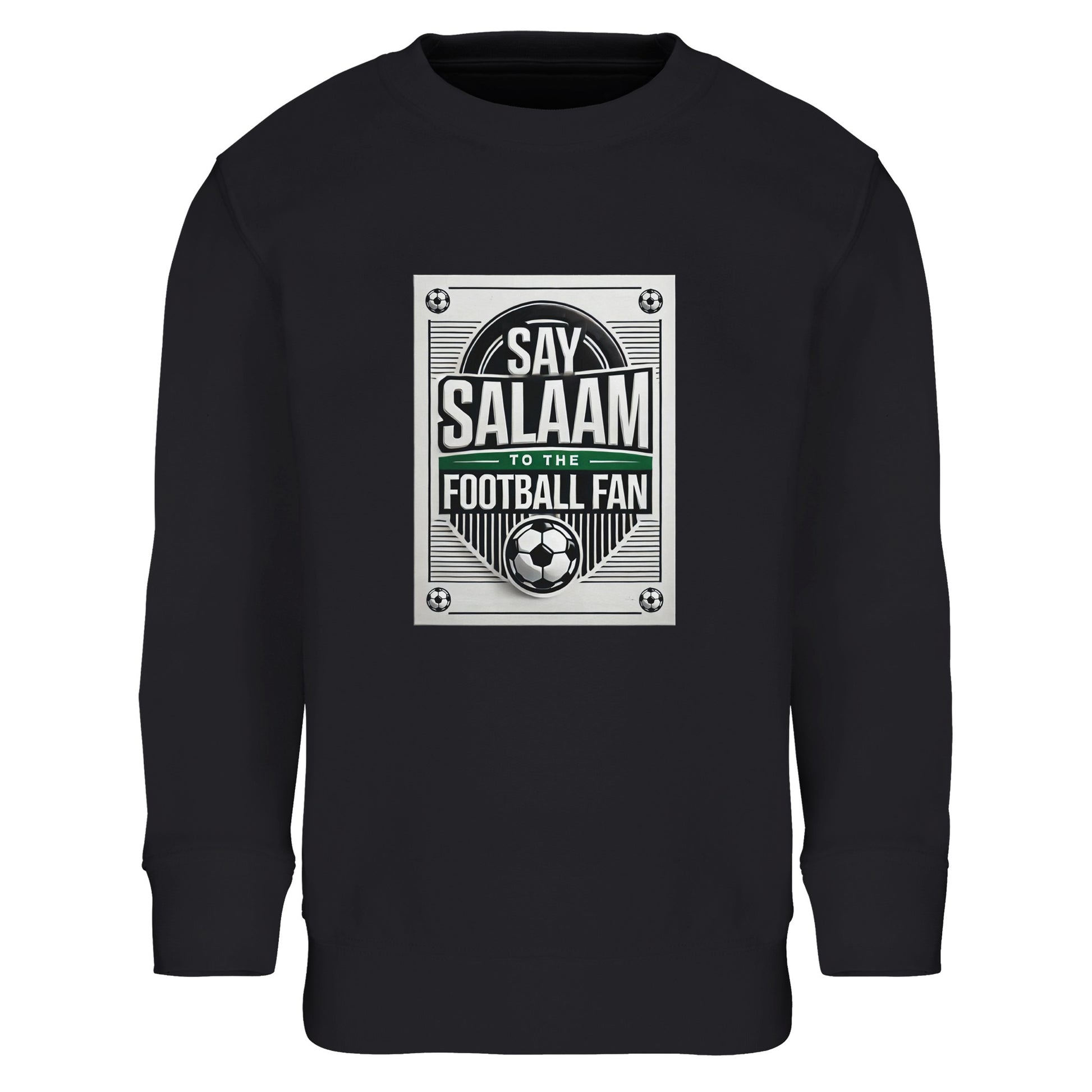 Black / Deep Black / Zeus Say Salaam to the Football Fan Design #3 kids sweatshirt featuring a bold monochrome football poster-style print with strong block typography and Salaam lettering centred on the chest. The structured graphic references classic matchday programmes and retro football signage. Made from a cotton-polyester blend with brushed fleece lining, this sweatshirt offers warmth, durability, and a good price. A practical choice for Muslim clothing, modest wear, and Islamic shop collections.