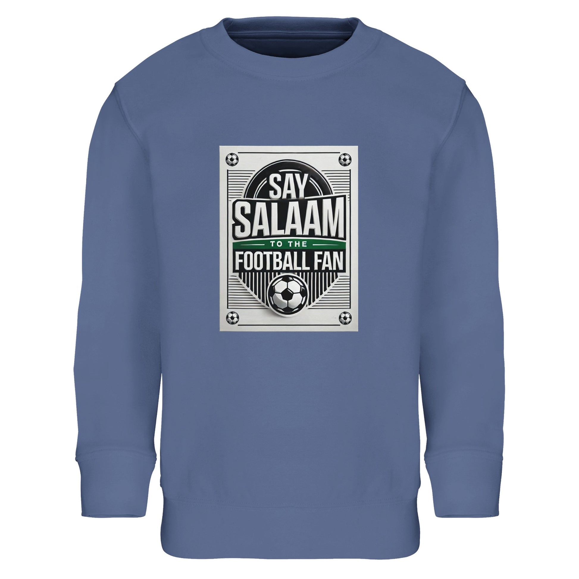 Blue / Marble Blue / Blue-Grey / Waikawa Grey Say Salaam to the Football Fan Design #3 kids sweatshirt set in a muted blue tone that complements the vintage football badge graphic and Salaam typography. The poster-style print references classic football culture with a clean, centred layout. Soft fleece lining and durable fabric make this a strong-value jumper option for Muslim clothing, modest wear, and Islamic football fan apparel.