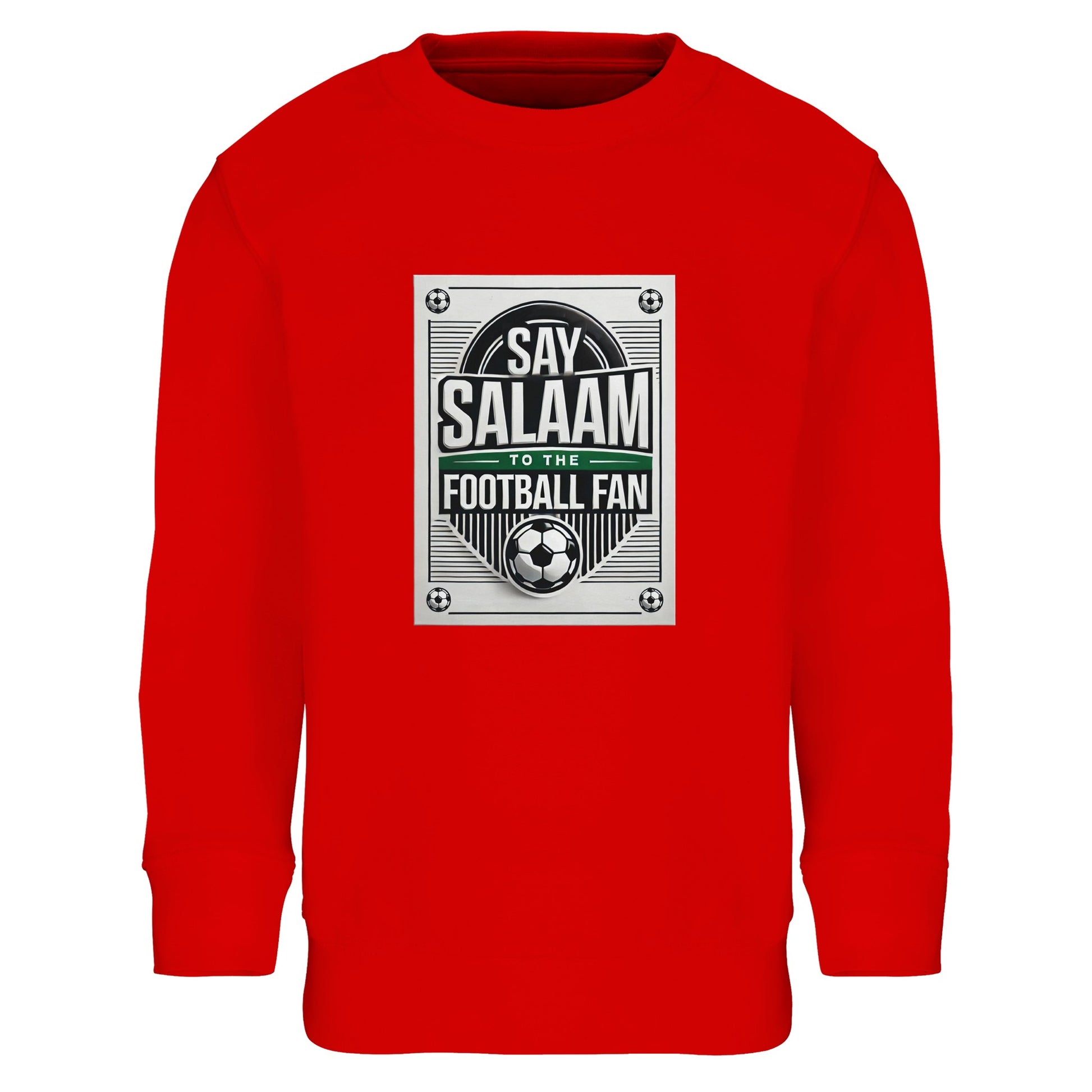 Bright Red / Rosso Corsa Say Salaam to the Football Fan Design #3 kids sweatshirt combining a vibrant football-inspired colour with a classic poster-style print and Islamic greeting text. The strong colour enhances the graphic impact while keeping the design legible. Constructed from cotton and recycled polyester with a soft fleece lining, this sweatshirt delivers comfort at a good price, making it suitable for Muslim clothing, modest apparel, and football fan wardrobes.