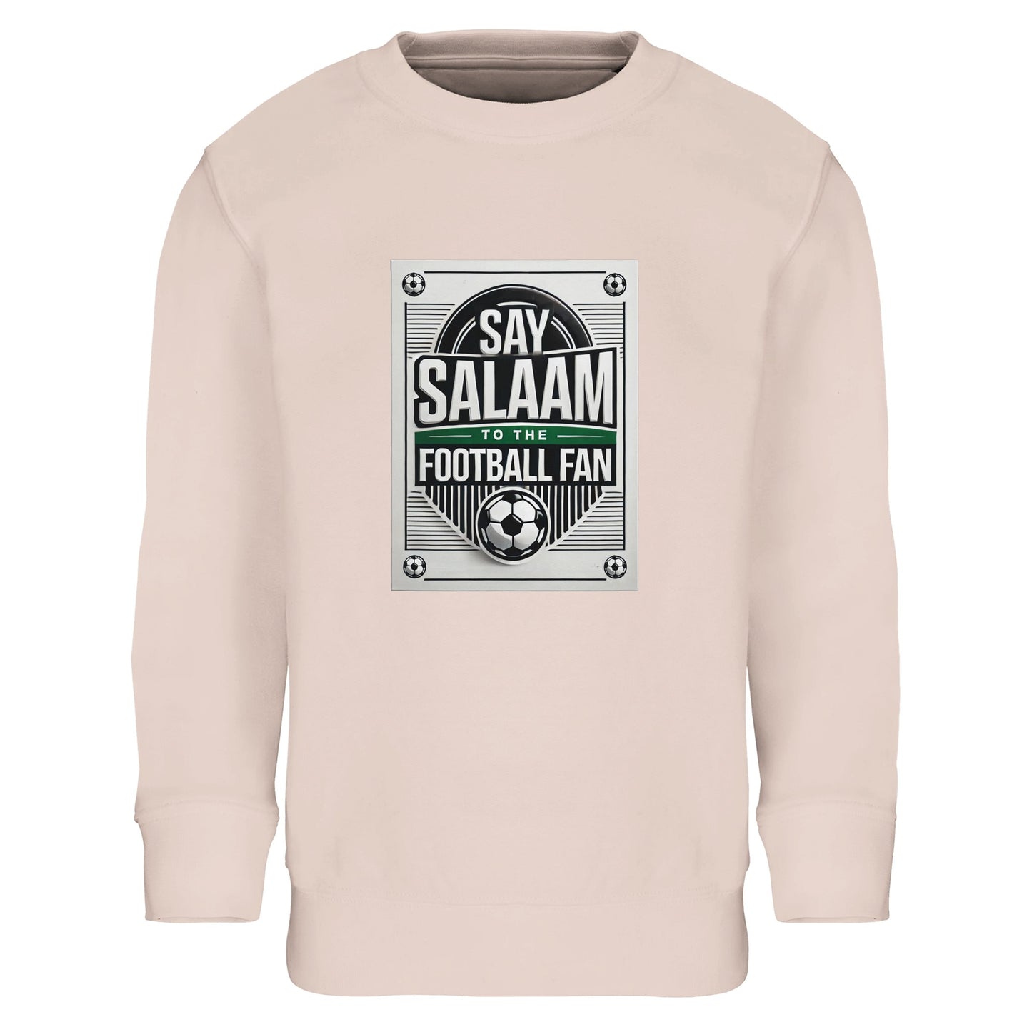 Creamy Pink / Oyster Pink Say Salaam to the Football Fan Design #3 kids sweatshirt offering a soft pastel alternative while keeping the bold football poster print and Salaam lettering central and visible. The design balances playful colour with structured football graphics. Crafted with brushed fleece lining and a cotton-poly blend, this affordable long-sleeve sweatshirt suits modest Muslim clothing ranges and Islamic shop assortments aimed at younger fans.
