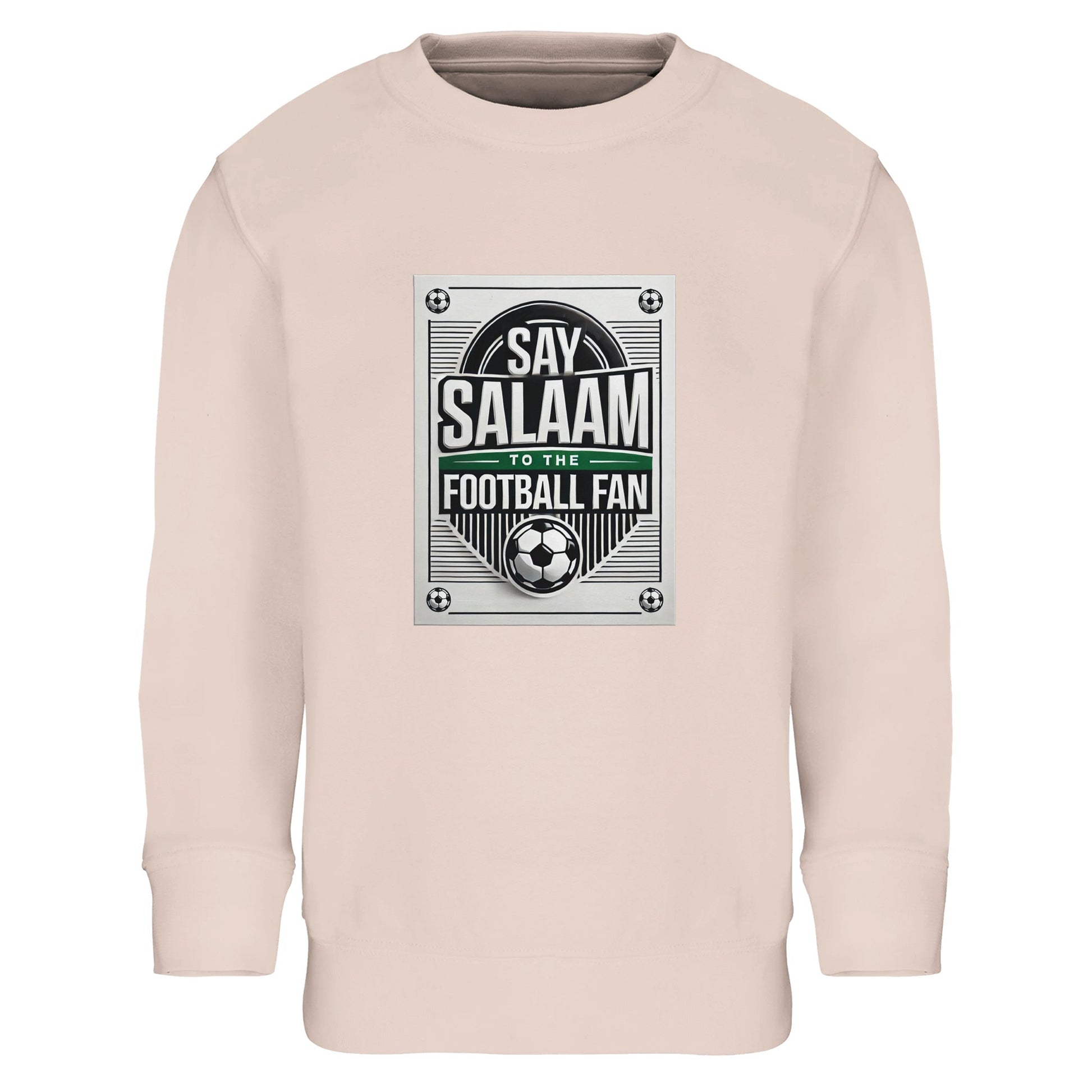 Creamy Pink / Oyster Pink Say Salaam to the Football Fan Design #3 kids sweatshirt offering a soft pastel alternative while keeping the bold football poster print and Salaam lettering central and visible. The design balances playful colour with structured football graphics. Crafted with brushed fleece lining and a cotton-poly blend, this affordable long-sleeve sweatshirt suits modest Muslim clothing ranges and Islamic shop assortments aimed at younger fans.