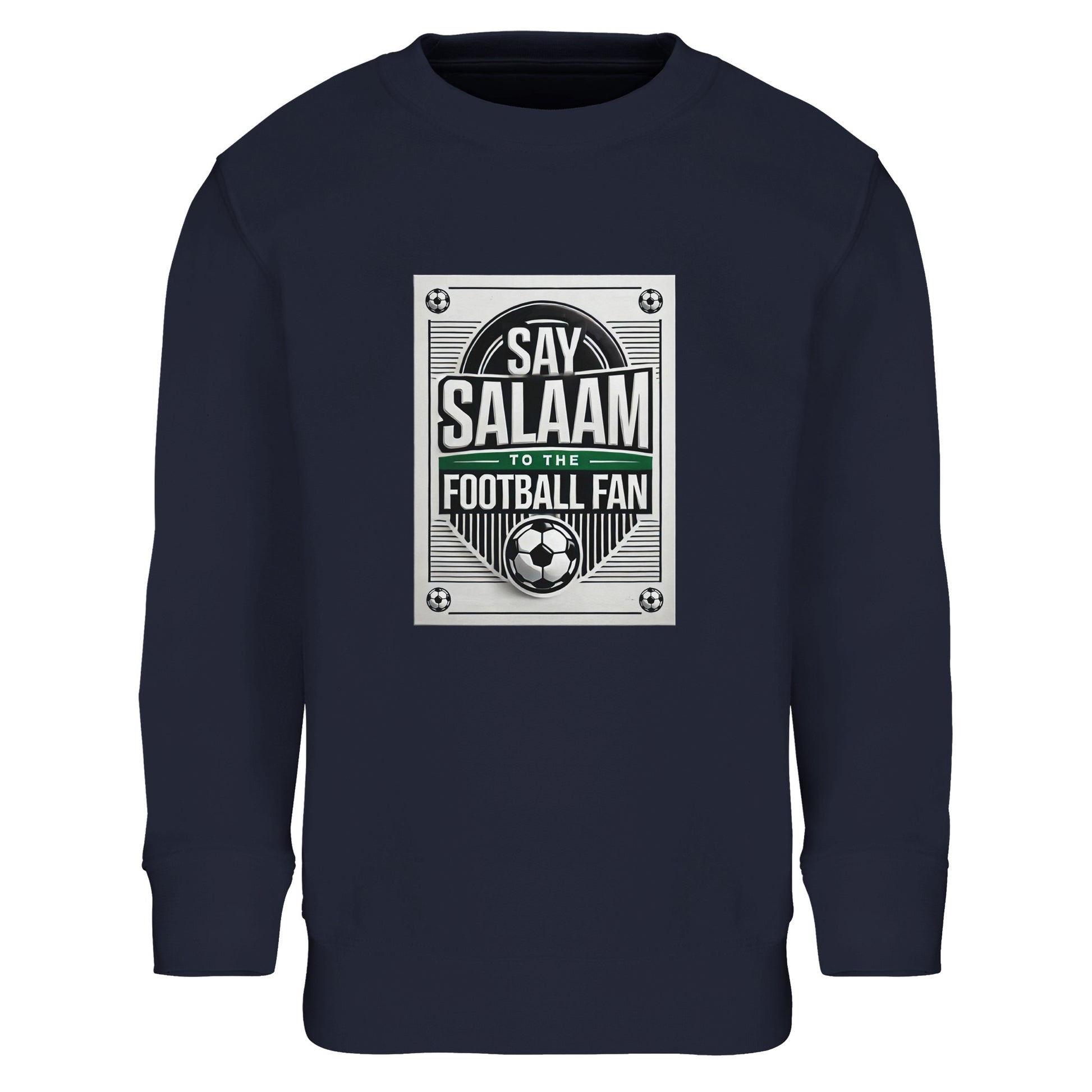 French Navy / Ebony Clay Say Salaam to the Football Fan Design #3 kids sweatshirt set on a deep navy base that enhances the contrast of the football poster graphic and Islamic Salaam message. The design references classic football aesthetics with a structured layout and central emblem. Made from a cotton and recycled polyester blend with a cosy fleece interior, this cheap children’s sweatshirt offers strong value and durability for Muslim families seeking modest apparel rooted in football identity.