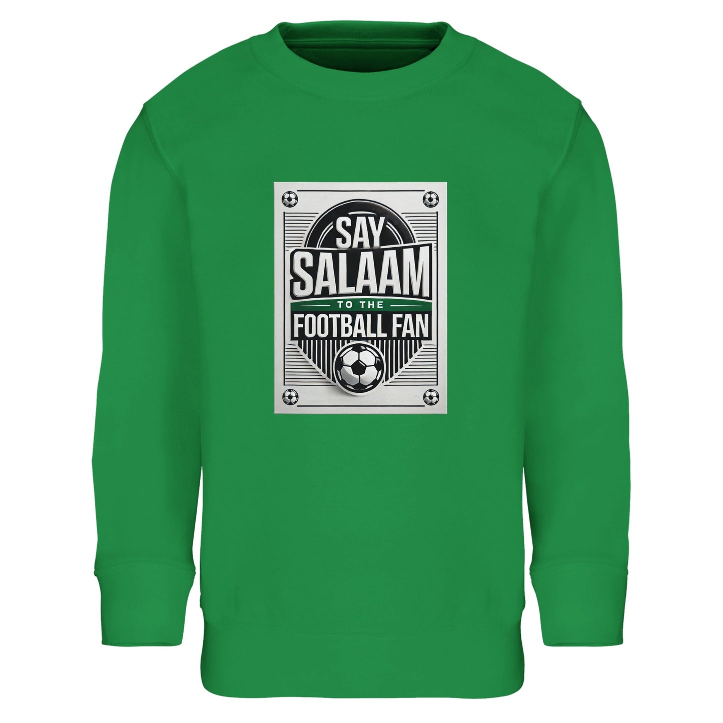 Kelly Green / Spring Green / Sea Green / Eucalyptus Say Salaam to the Football Fan Design #3 kids sweatshirt pairing a lively green shade with a retro football poster graphic and Salaam message. The centred design nods to traditional football visuals while remaining playful and accessible. With brushed fleece lining and a cotton-poly blend, this sweatshirt offers warmth, durability, and value for Muslim families seeking modest wear and Islamic shop-friendly football clothing.