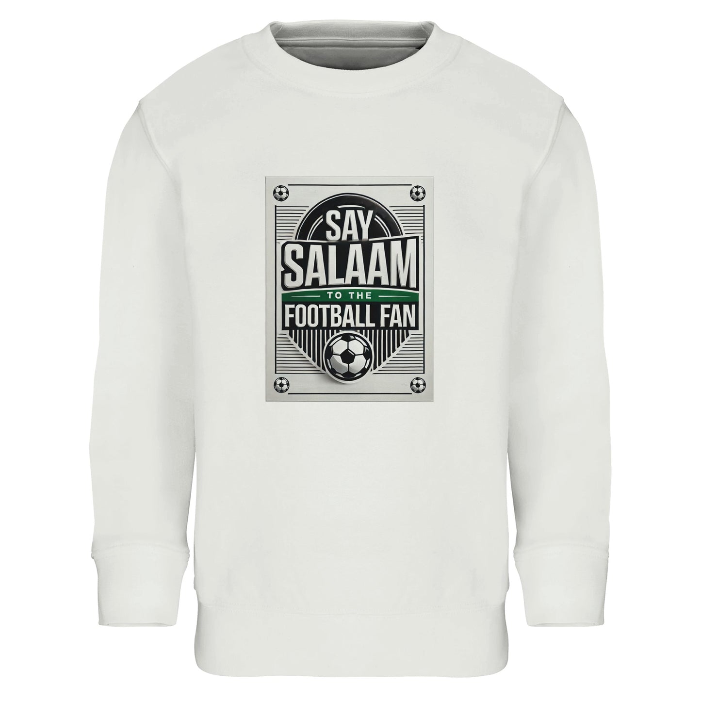 White / Platinum Say Salaam to the Football Fan Design #3 kids sweatshirt presenting a clean, high-contrast base that allows the football badge-style print and Salaam text to remain sharp and readable. The centred graphic draws from vintage football poster layouts with a balanced, symmetry. Crafted from cotton and recycled polyester with a soft brushed fleece interior, this affordable sweatshirt suits Muslim families looking for modest apparel that blends football culture with Islamic expression & comfort.