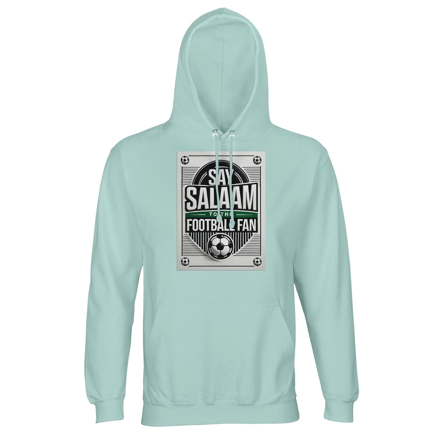 Arctic Blue / Cadet Blue Say Salaam to the Football Fan Design #3 light hoodie featuring a cool, balanced shade that complements the monochrome football design and Salaam text. The muted blue tone keeps the garment calm and versatile. Constructed from a cotton and recycled polyester blend with brushed fleece lining, the adult hooded jumper delivers comfort, warmth, and durability at a good value price. Ideal for Islamic streetwear wearers and Muslim football supporters.