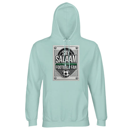 Arctic Blue / Cadet Blue Say Salaam to the Football Fan Design #3 light hoodie featuring a cool, balanced shade that complements the monochrome football design and Salaam text. The muted blue tone keeps the garment calm and versatile. Constructed from a cotton and recycled polyester blend with brushed fleece lining, the adult hooded jumper delivers comfort, warmth, and durability at a good value price. Ideal for Islamic streetwear wearers and Muslim football supporters.