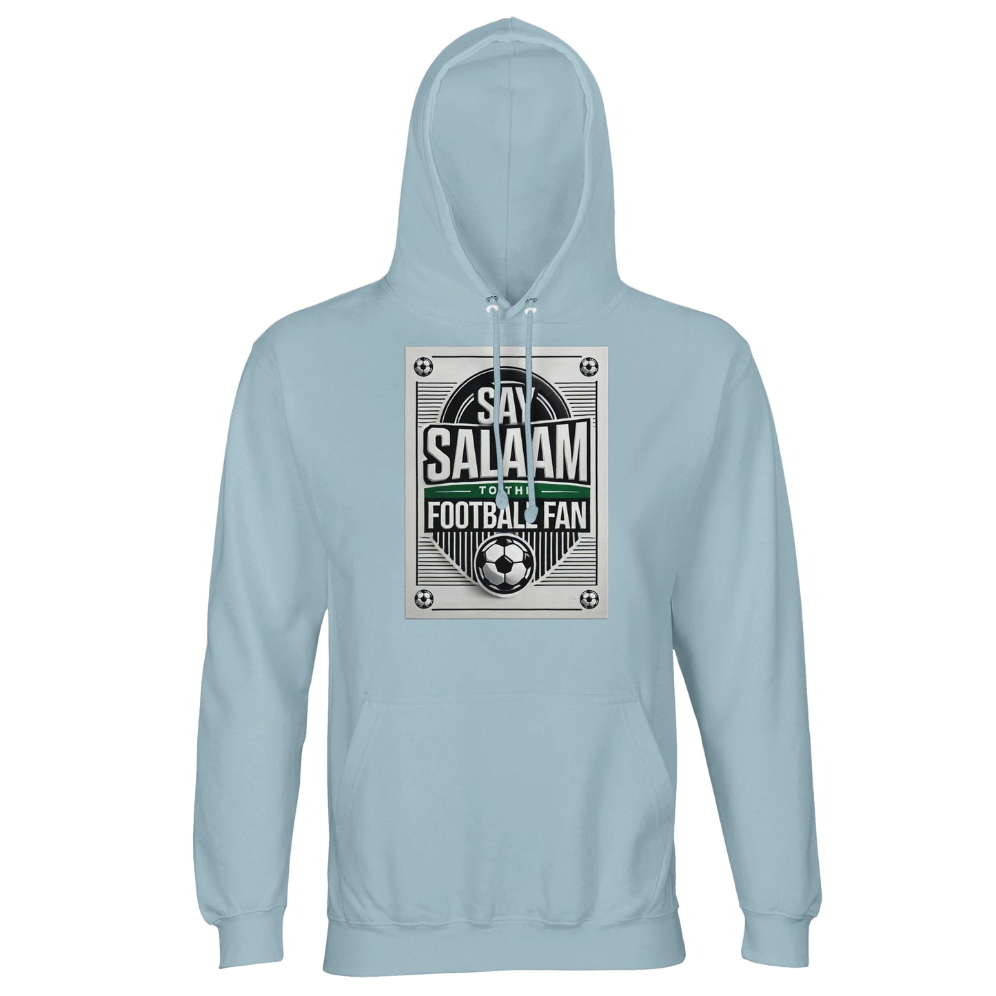 Blue / Marble Blue / Blue-Grey / Waikawa Grey Say Salaam to the Football Fan Design #3 light hoodie blending soft blue-grey tones with a strong football badge-style graphic and Islamic greeting. The muted colour palette adds depth while staying understated. Hooded top made from a cotton and recycled polyester blend with brushed fleece interior, this hoodie is comfortable, durable, and well priced. Designed for Muslim football fans who favour subtle colour with cultural meaning.