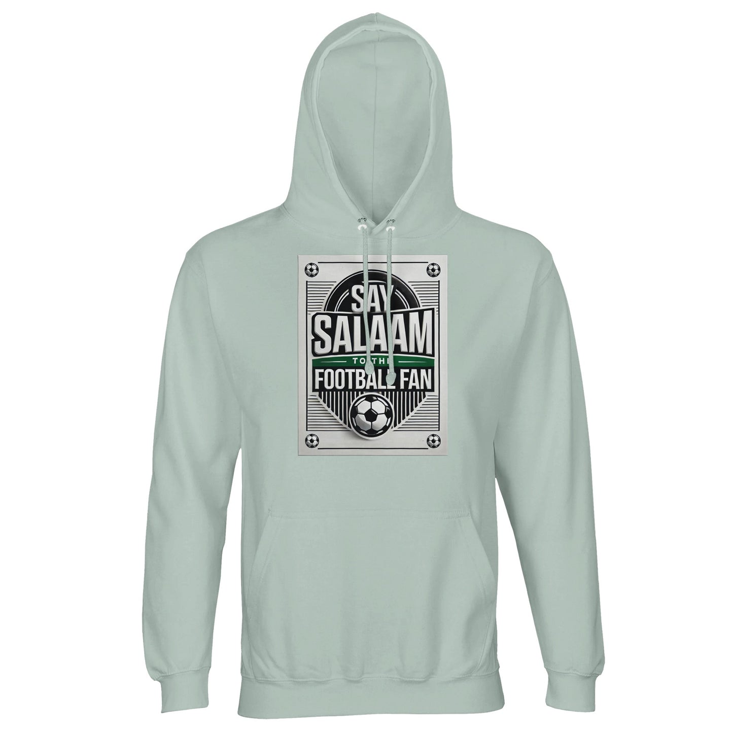 Creamy Green / Greenish Grey Say Salaam to the Football Fan Design #3 light hoodie combining a gentle green tone with a bold football-inspired design and Salaam message. The softened green shade of the adult sweatshirt with a hood gives the garment an earthy, balanced feel. Crafted from a cotton and recycled polyester blend with brushed fleece lining, it offers warmth and everyday comfort at an accessible price point. Suitable for Muslim and Islamic football supporters.