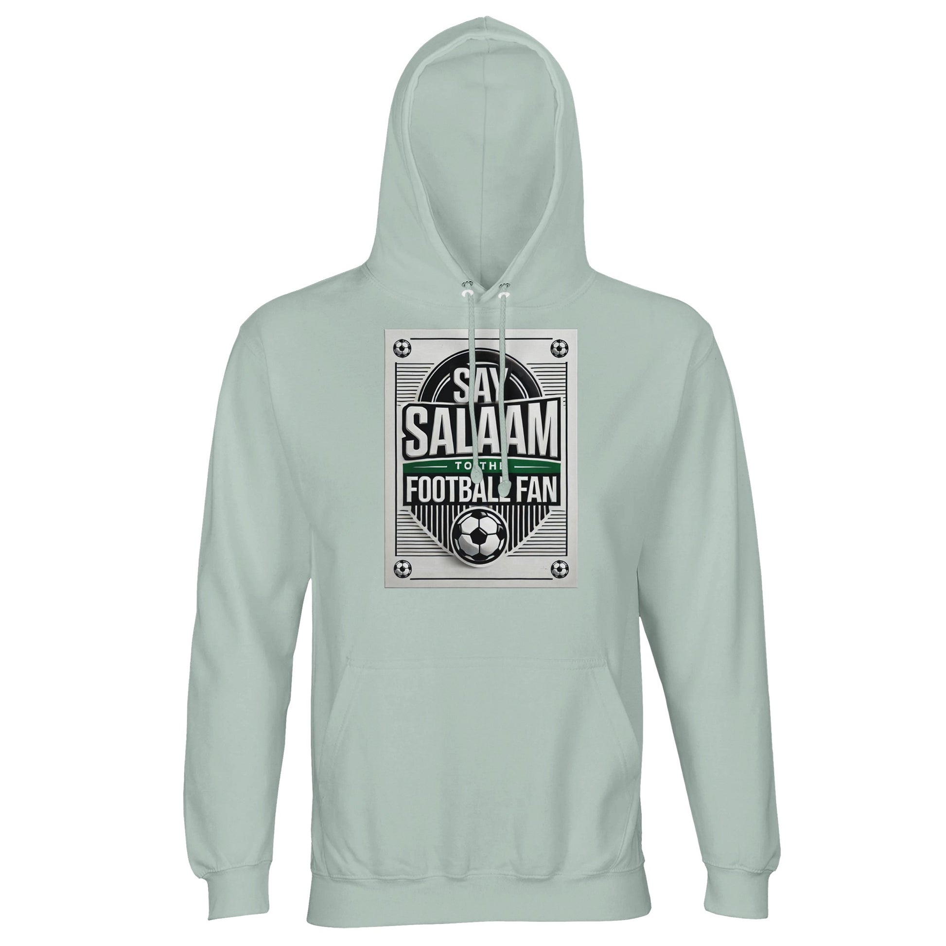 Creamy Green / Greenish Grey Say Salaam to the Football Fan Design #3 light hoodie combining a gentle green tone with a bold football-inspired design and Salaam message. The softened green shade of the adult sweatshirt with a hood gives the garment an earthy, balanced feel. Crafted from a cotton and recycled polyester blend with brushed fleece lining, it offers warmth and everyday comfort at an accessible price point. Suitable for Muslim and Islamic football supporters.