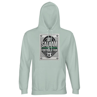 Creamy Green / Greenish Grey Say Salaam to the Football Fan Design #3 light hoodie combining a gentle green tone with a bold football-inspired design and Salaam message. The softened green shade of the adult sweatshirt with a hood gives the garment an earthy, balanced feel. Crafted from a cotton and recycled polyester blend with brushed fleece lining, it offers warmth and everyday comfort at an accessible price point. Suitable for Muslim and Islamic football supporters.