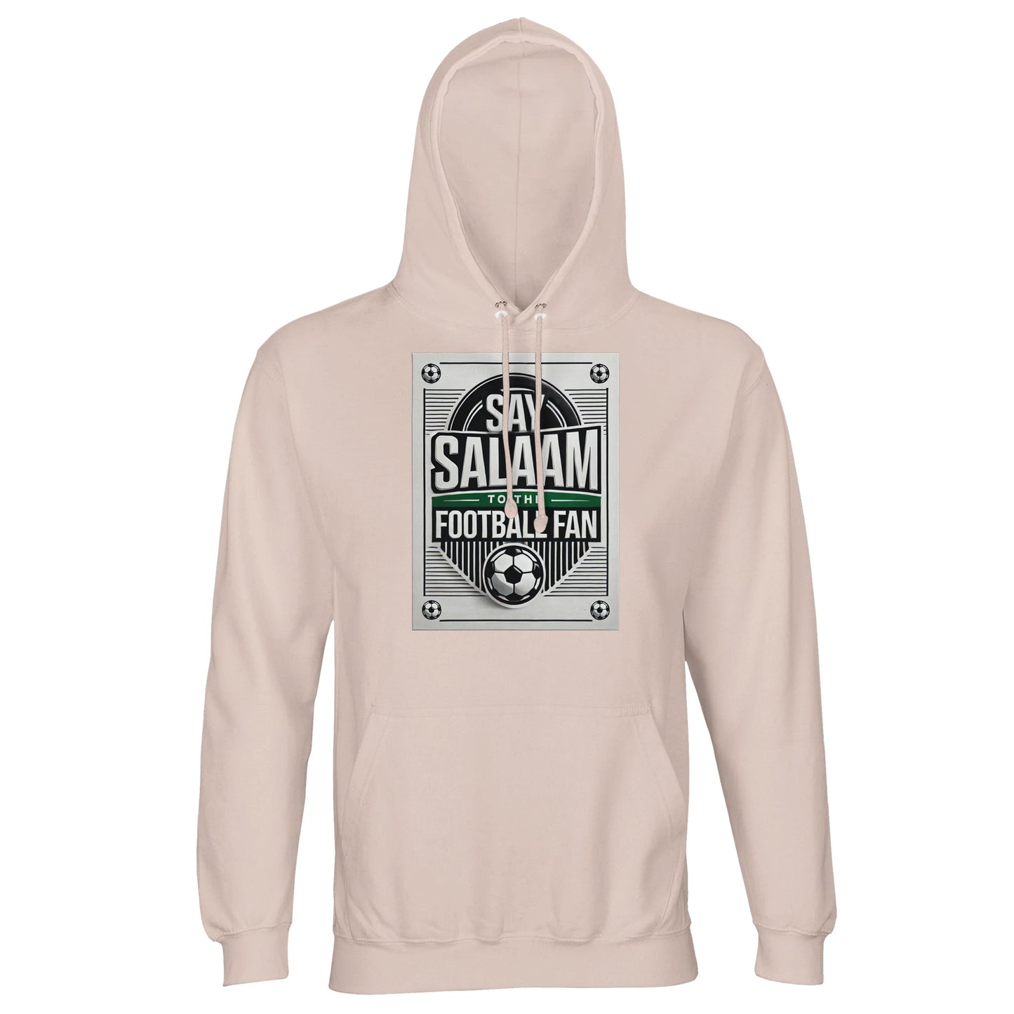 Creamy Pink / Oyster Pink Say Salaam to the Football Fan Design #3 light hoodie pairing a soft pastel base with a vintage football graphic and Islamic greeting text. The light pink tone provides a gentle alternative to darker shades while keeping the design expressive. Made from a cotton and recycled polyester blend with brushed fleece lining, this good-value hoodie delivers warmth and durability. Ideal for Muslim football fans drawn to lighter colour palettes.