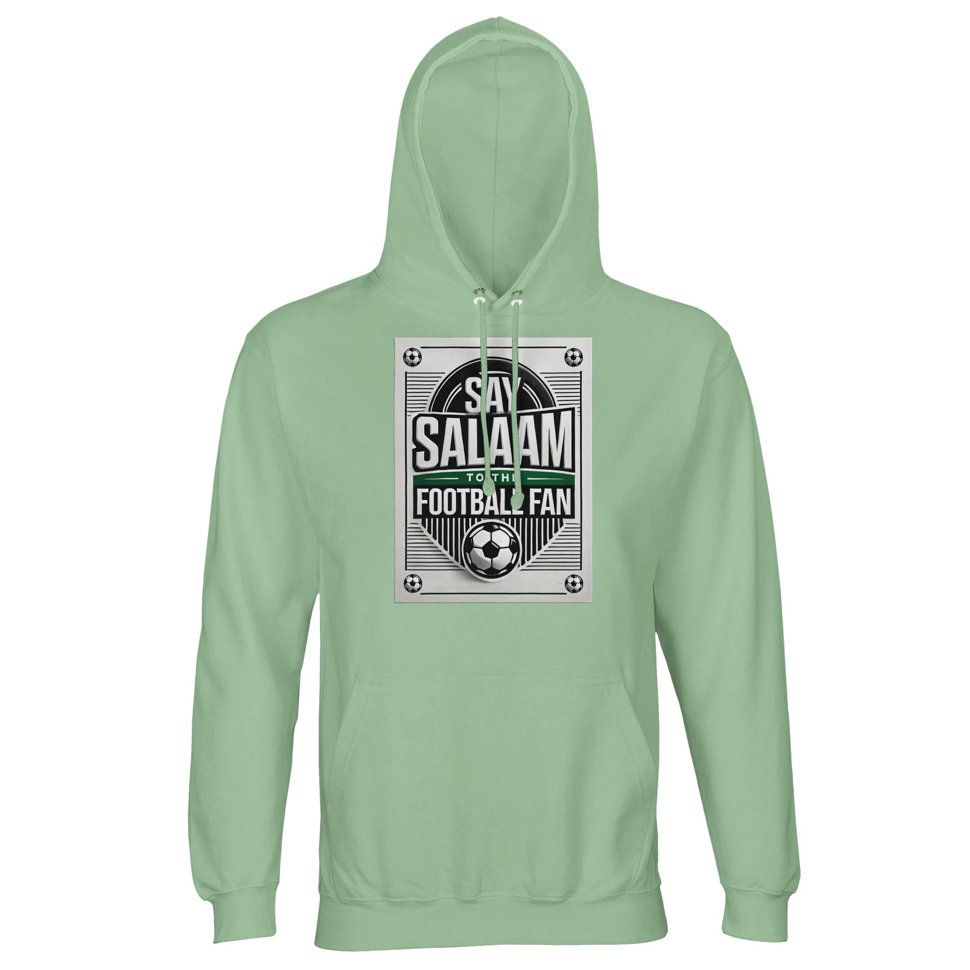 Frozen Green / Opal Say Salaam to the Football Fan Design #3 light hoodie offering a cool, fresh green tone that supports the stylish football artwork and Salaam wording. The pale green shade keeps the look modern and clean. Constructed from a cotton and recycled polyester blend with brushed fleece lining, it provides warmth and comfort at a good price. Designed for football supporters influenced by Muslim and Islamic culture.
