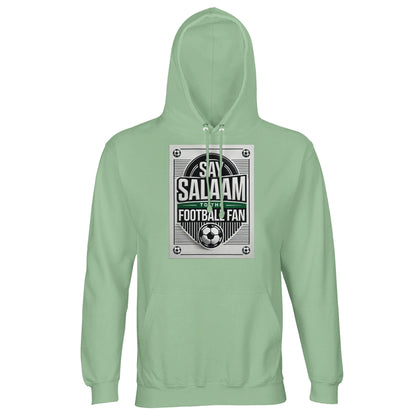 Frozen Green / Opal Say Salaam to the Football Fan Design #3 light hoodie offering a cool, fresh green tone that supports the stylish football artwork and Salaam wording. The pale green shade keeps the look modern and clean. Constructed from a cotton and recycled polyester blend with brushed fleece lining, it provides warmth and comfort at a good price. Designed for football supporters influenced by Muslim and Islamic culture.