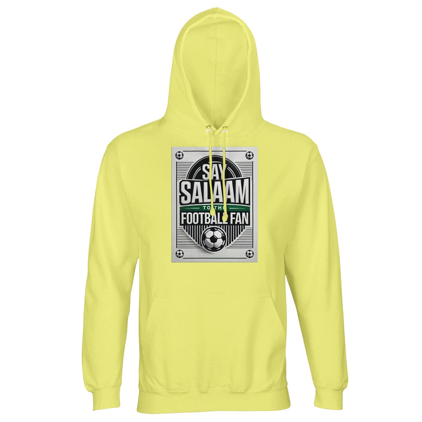 Light Yellow / Lemon Chiffon Say Salaam to the Football Fan Design #3 light hoodie offering a bright, cheerful base that highlights the football-inspired graphic and Islamic greeting. The soft yellow tone keeps the look light while maintaining visual clarity. Made from a cotton and recycled polyester blend with brushed fleece lining, this affordable hoodie provides warmth without bulk. Well suited to Muslim football fans who prefer lighter colours connected to Islamic expression.