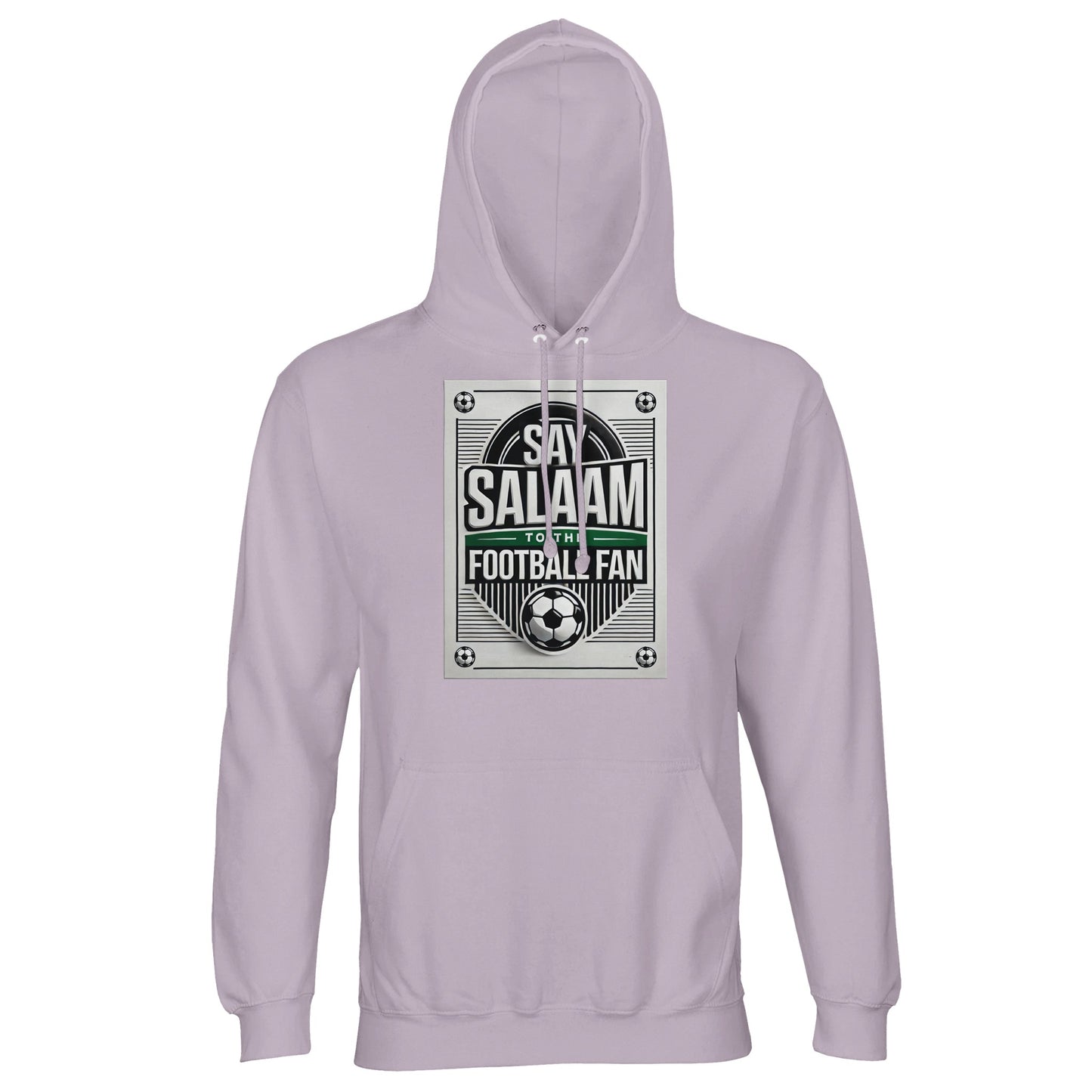 Lilak / Lilac / Wisteria Purple Say Salaam to the Football Fan Design #3 light hoodie featuring a soft purple shade that gently contrasts with the monochrome football design and Salaam text. The muted tone adds personality without overpowering the graphic. Made from a cotton and recycled polyester blend with brushed fleece interior, this affordable hoodie supports daily comfort. A considered choice for Muslim football fans expressing Islamic identity through colour and sport.
