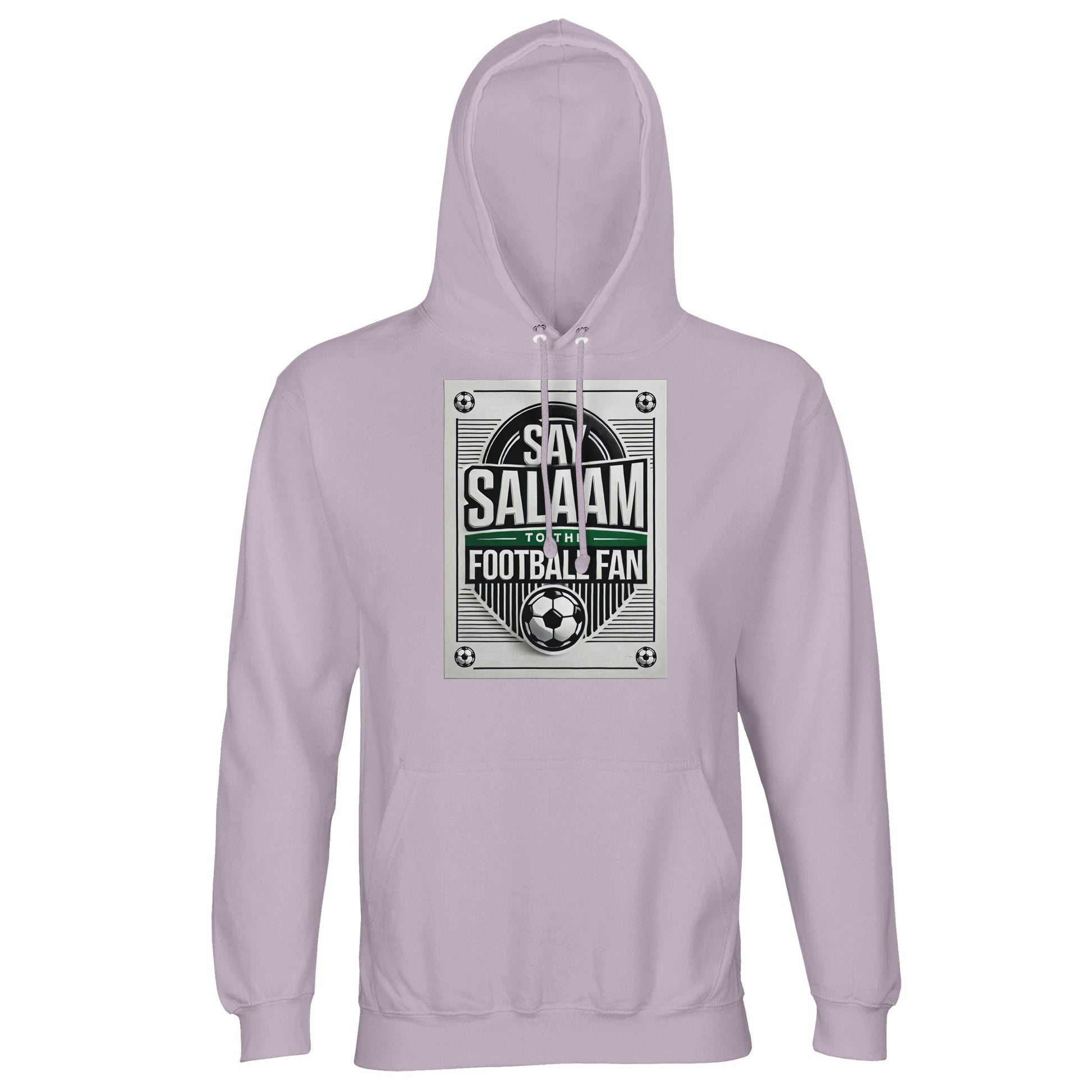Lilak / Lilac / Wisteria Purple Say Salaam to the Football Fan Design #3 light hoodie featuring a soft purple shade that gently contrasts with the monochrome football design and Salaam text. The muted tone adds personality without overpowering the graphic. Made from a cotton and recycled polyester blend with brushed fleece interior, this affordable hoodie supports daily comfort. A considered choice for Muslim football fans expressing Islamic identity through colour and sport.