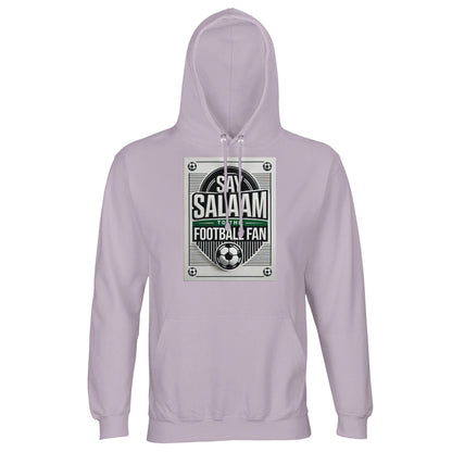 Lilak / Lilac / Wisteria Purple Say Salaam to the Football Fan Design #3 light hoodie featuring a soft purple shade that gently contrasts with the monochrome football design and Salaam text. The muted tone adds personality without overpowering the graphic. Made from a cotton and recycled polyester blend with brushed fleece interior, this affordable hoodie supports daily comfort. A considered choice for Muslim football fans expressing Islamic identity through colour and sport.