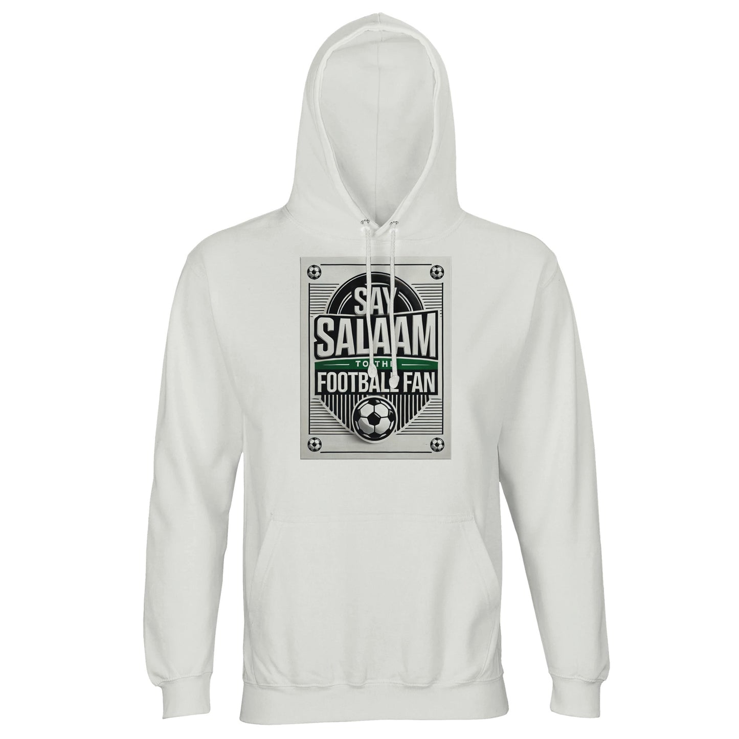White / Platinum Say Salaam to the Football Fan Design #3 light hoodie presenting a clean, neutral base that brings the bold black-and-white football graphic and Salaam message into sharp focus. The crisp white tone keeps the design clear and versatile across outfits. Made from a cotton and recycled polyester blend with brushed fleece lining, this good-price hoodie delivers warmth, comfort, and durability. A practical option for Muslim supporters and streetwear fans expressing faith through football culture