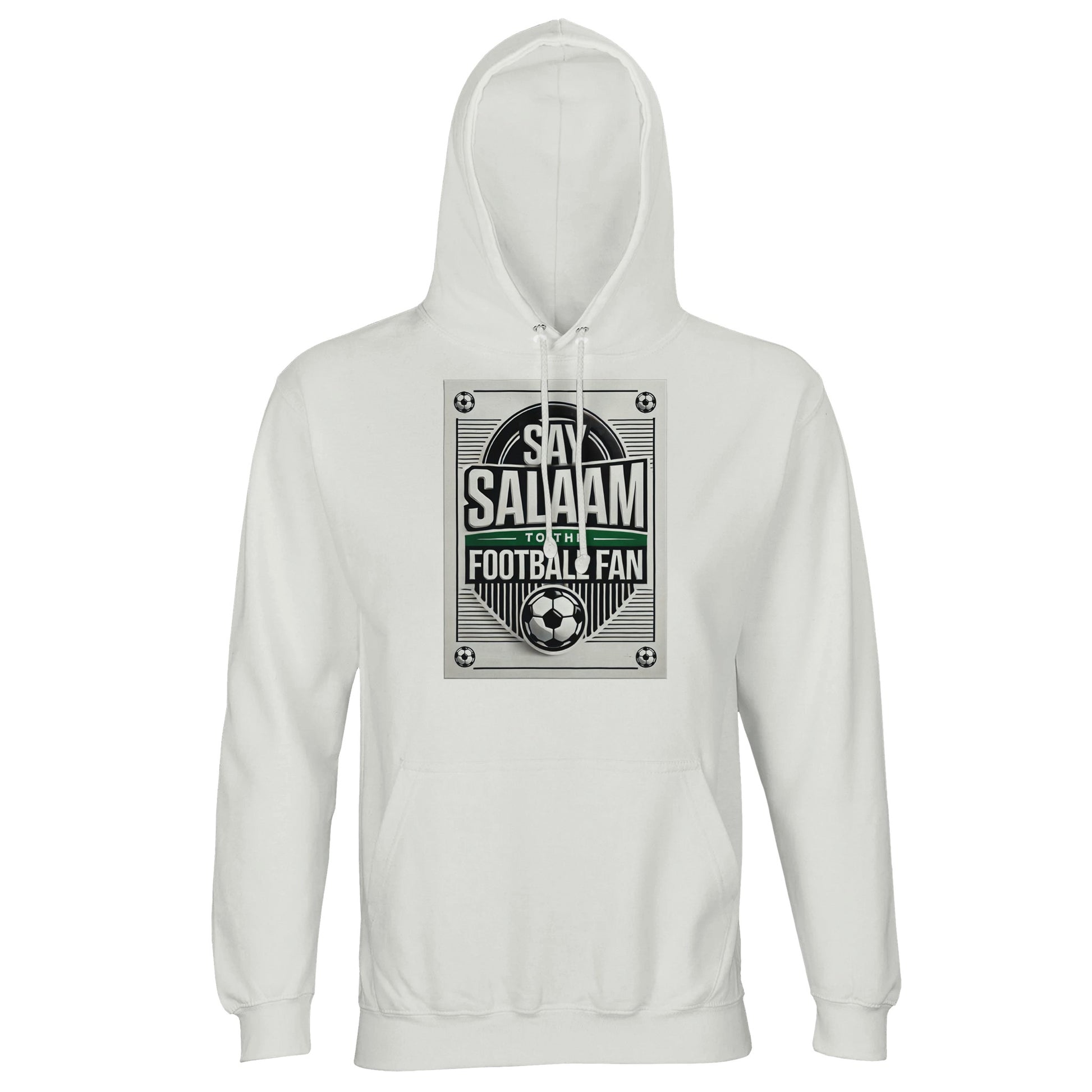 White / Platinum Say Salaam to the Football Fan Design #3 light hoodie presenting a clean, neutral base that brings the bold black-and-white football graphic and Salaam message into sharp focus. The crisp white tone keeps the design clear and versatile across outfits. Made from a cotton and recycled polyester blend with brushed fleece lining, this good-price hoodie delivers warmth, comfort, and durability. A practical option for Muslim supporters and streetwear fans expressing faith through football culture