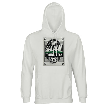 White / Platinum Say Salaam to the Football Fan Design #3 light hoodie presenting a clean, neutral base that brings the bold black-and-white football graphic and Salaam message into sharp focus. The crisp white tone keeps the design clear and versatile across outfits. Made from a cotton and recycled polyester blend with brushed fleece lining, this good-price hoodie delivers warmth, comfort, and durability. A practical option for Muslim supporters and streetwear fans expressing faith through football culture