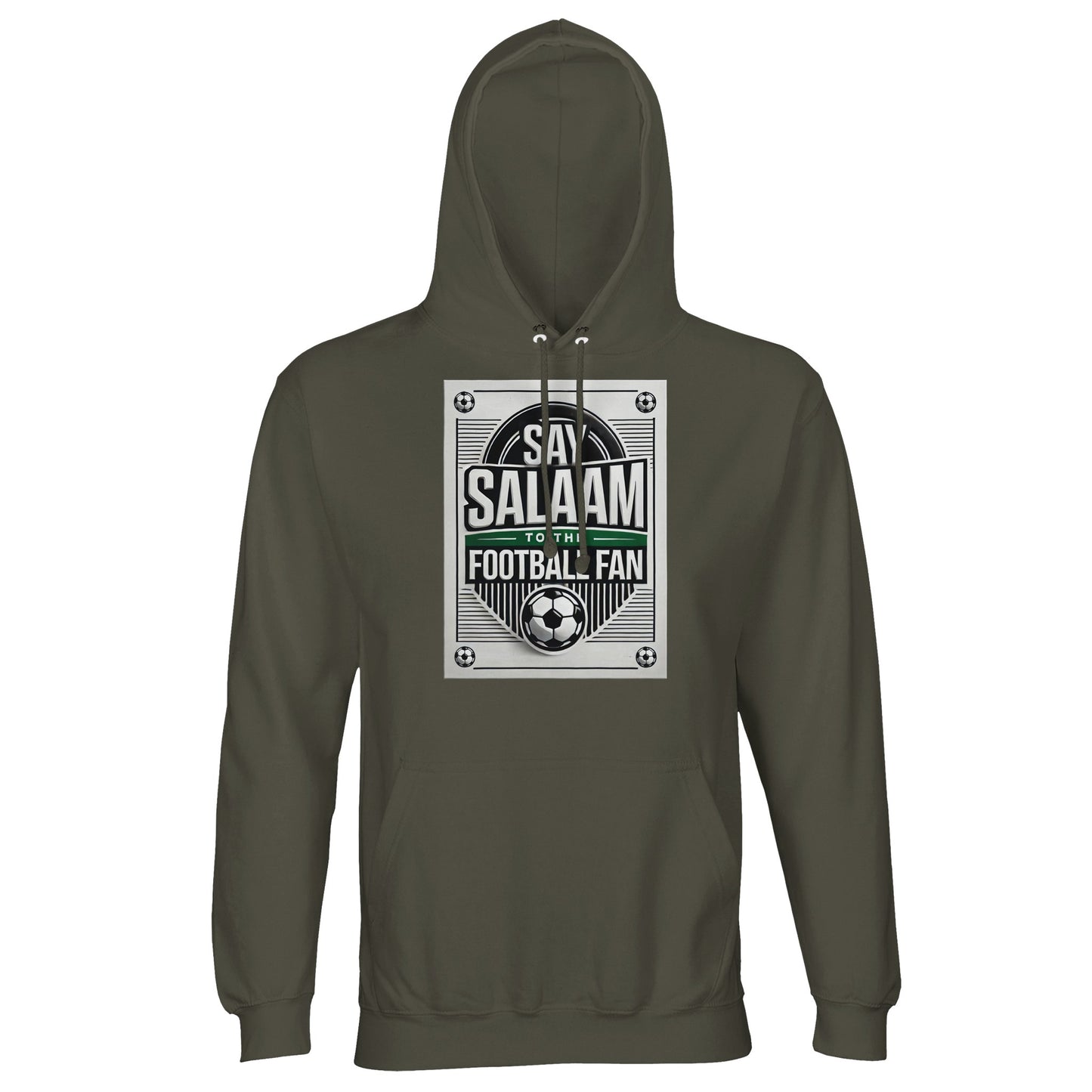 Army / Fuscous Grey Say Salaam to the Football Fan Design #3 unisex hoodie pairing a muted military-inspired shade with a strong football poster graphic and Salaam message. The earthy tone complements the monochrome print while remaining practical for daily wear. Constructed from a cotton and recycled polyester blend with brushed fleece interior, this hoodie offers solid warmth at a good price point. Designed for football supporters shaped by Muslim culture and Islamic identity.